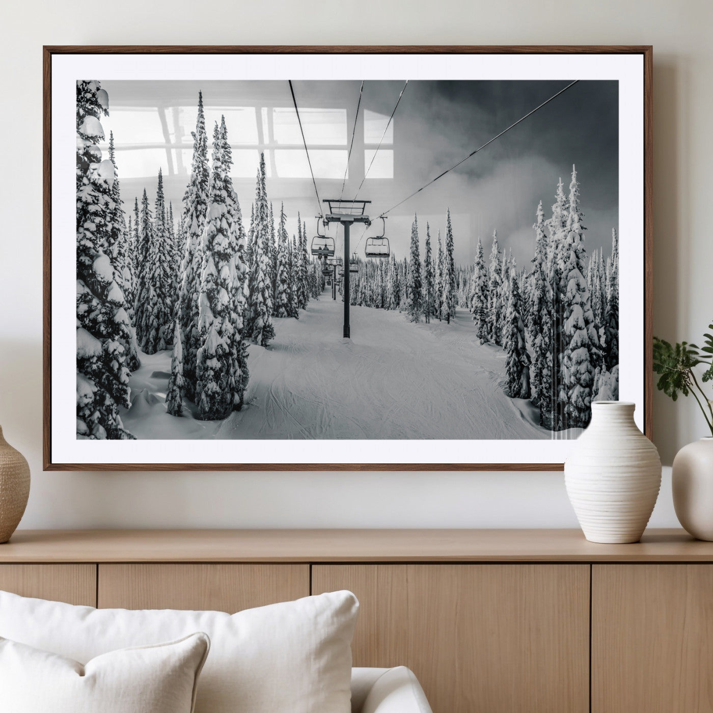 31156828-MGV-CV-36X24-Snowy Pines Wall Art Canvas Print – Framed Ski Lift Winter Forest Snowy Landscape Moody Lodge Artwork for Home, Office