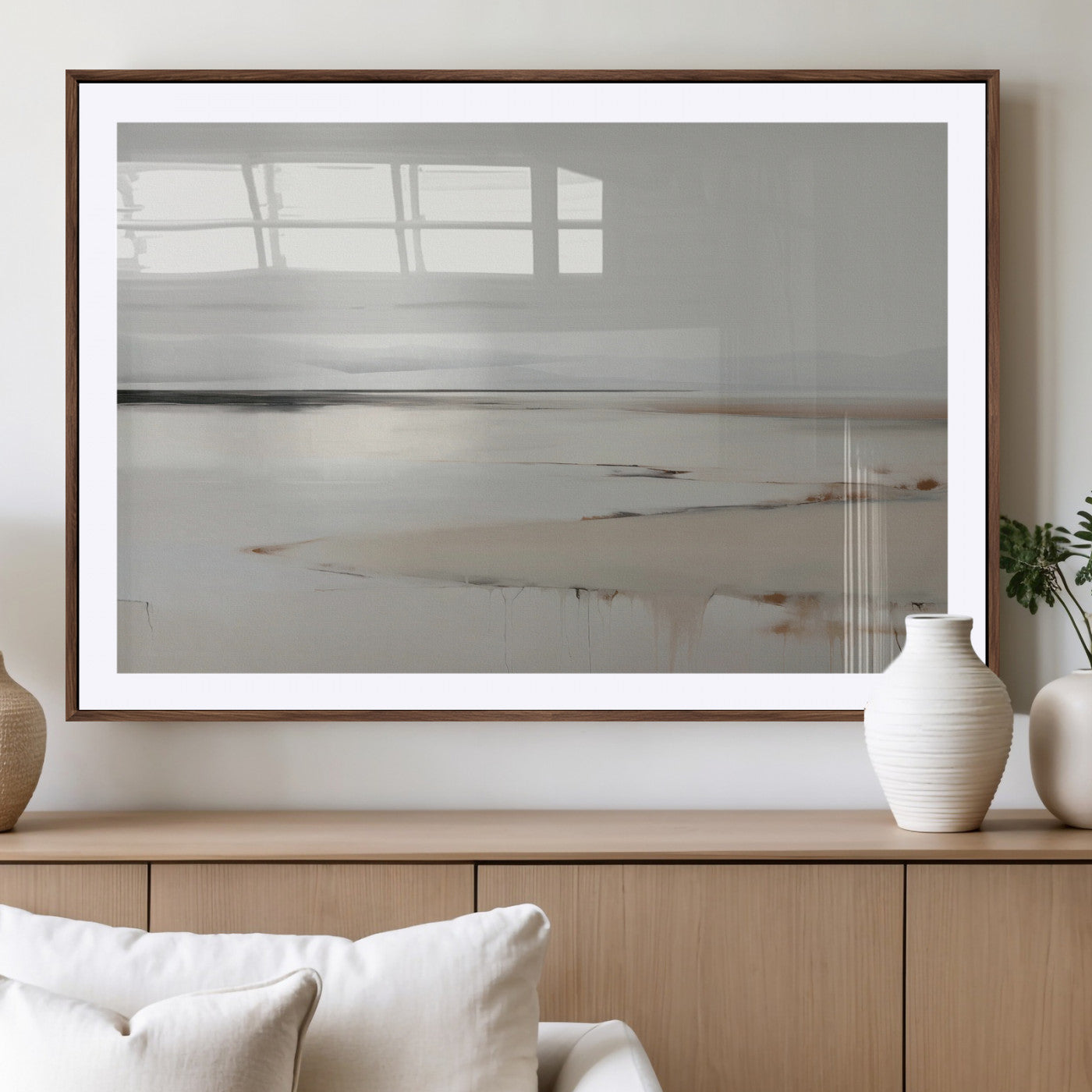 89410095-MGV-CV-36X24-Minimalist Landscape Wall Art Canvas Print – Framed Soft Horizon Abstract Seascape Earthy Tones Artwork for Home Office