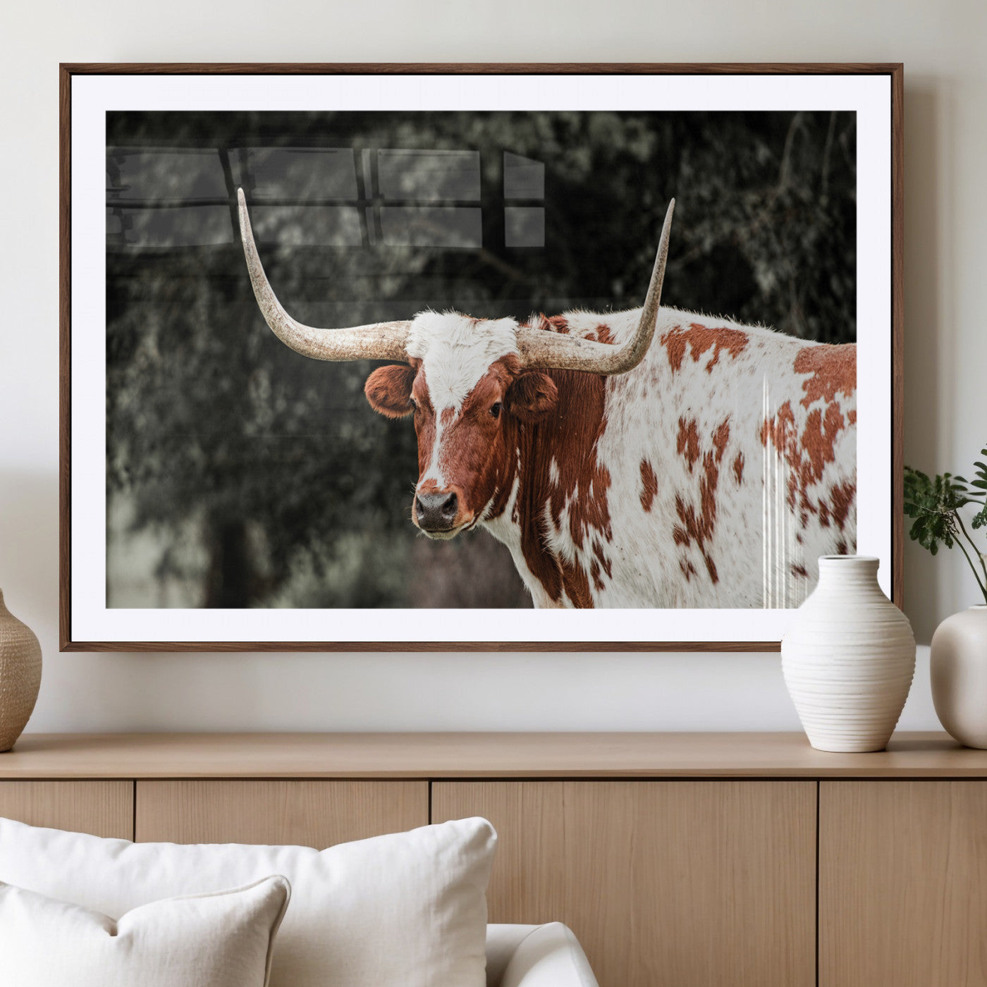 -Texas Longhorn Wall Art Canvas Print, Framed Spotted Cow Art Picture Print, Horned Bull Perfect Rustic Western Decor Artwork