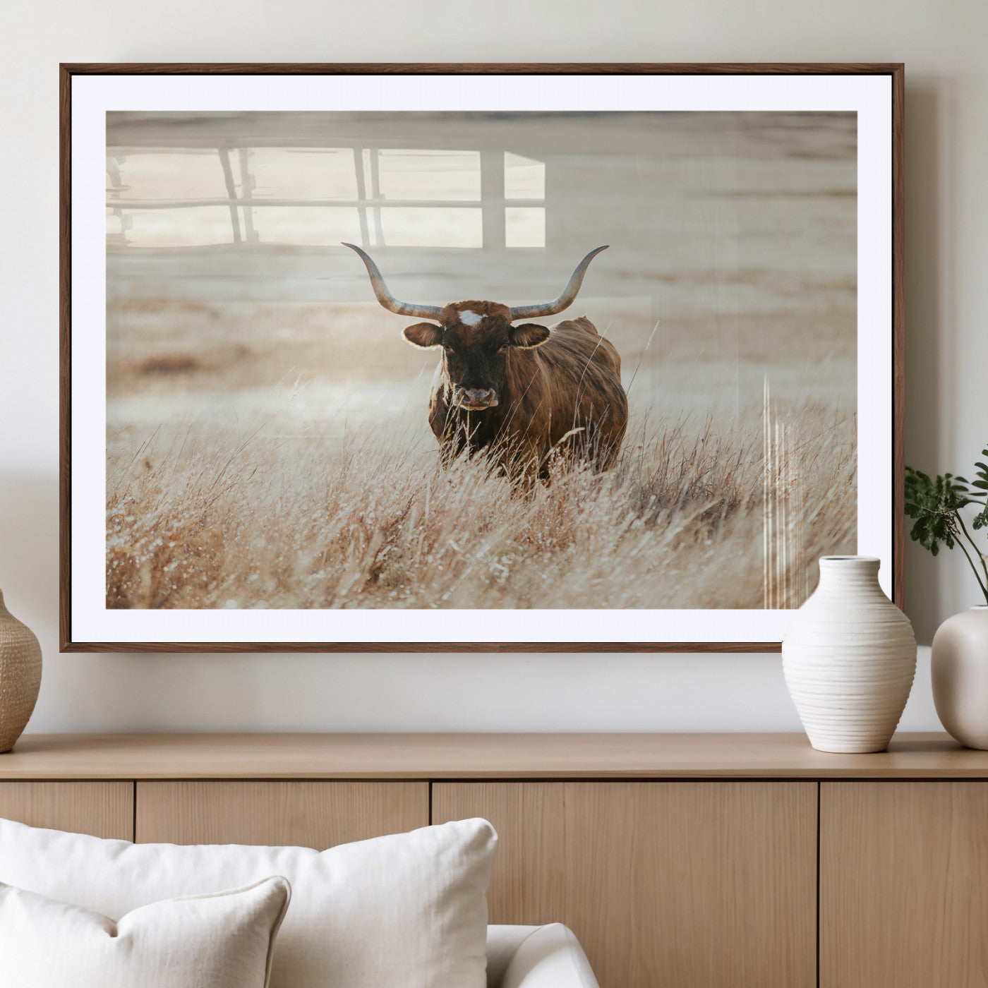 -Texas Longhorn Wall Art Canvas Print, Framed Brown Cattle Art Picture Print, Horned Bull Perfect Rustic Western Decor Artwork