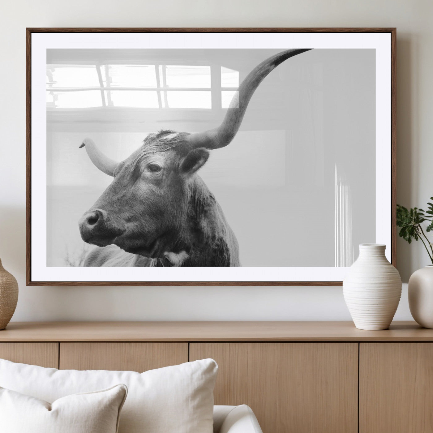 -Longhorn Wall Art Wall Art Canvas Print, Framed Modern Ranch Style Art Art Picture Print, Monochrome Cow Print Perfect Rustic Western Decor Artwork