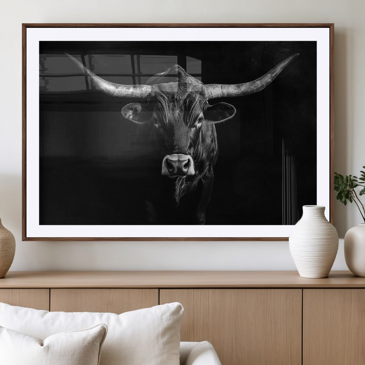 42077175-MGV-CV-36X24-Texas Longhorn Wall Art Canvas Print – Framed Monochrome Horned Bull Rustic Western Cattle Artwork for Home, Office