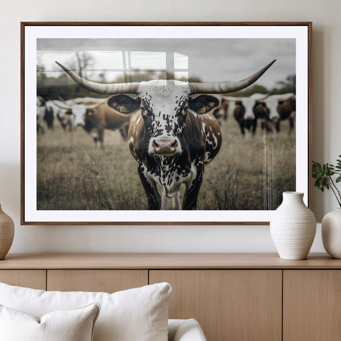 MGC-FP-36x24 - Majestic Longhorn Cow Wall Art – Canvas Print of Intricate Fur & Sharp Horns Earthy Tones Serene Landscape, Rustic Charm Decor for Living Room, Office or Bedroom