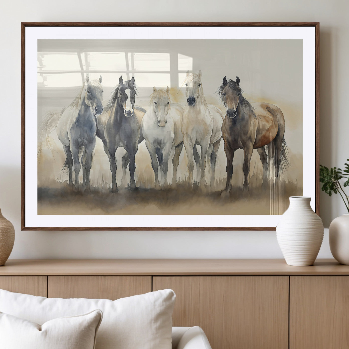 MGC-FP-36x24 - Wild Horses Wall Art Canvas Print, Framed Running Horses Art Picture Print, Watercolor Horses Perfect Rustic Western Decor Artwork