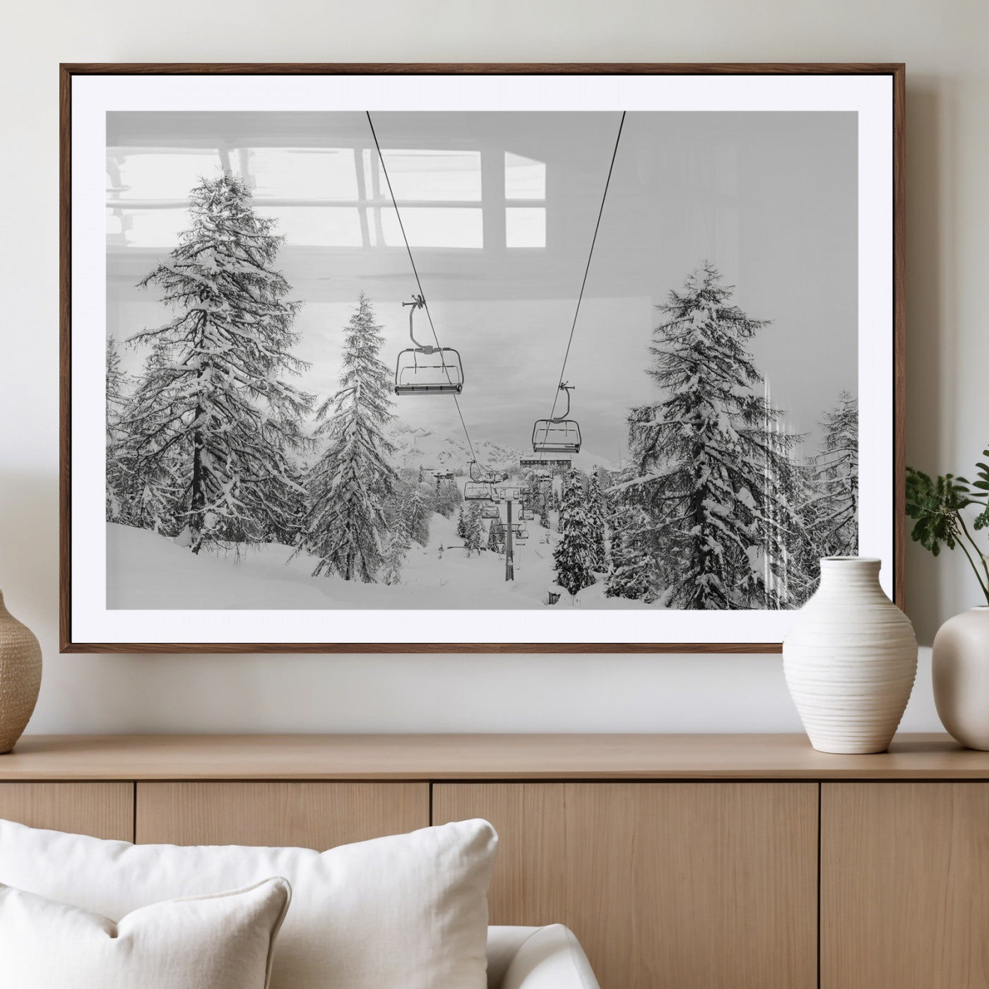 55003599-MGV-CV-36X24-Ski Lift Wall Art – Framed Snowy Mountain Canvas Artwork, Winter Forest Design, Minimal Nature Decor for Home, Office