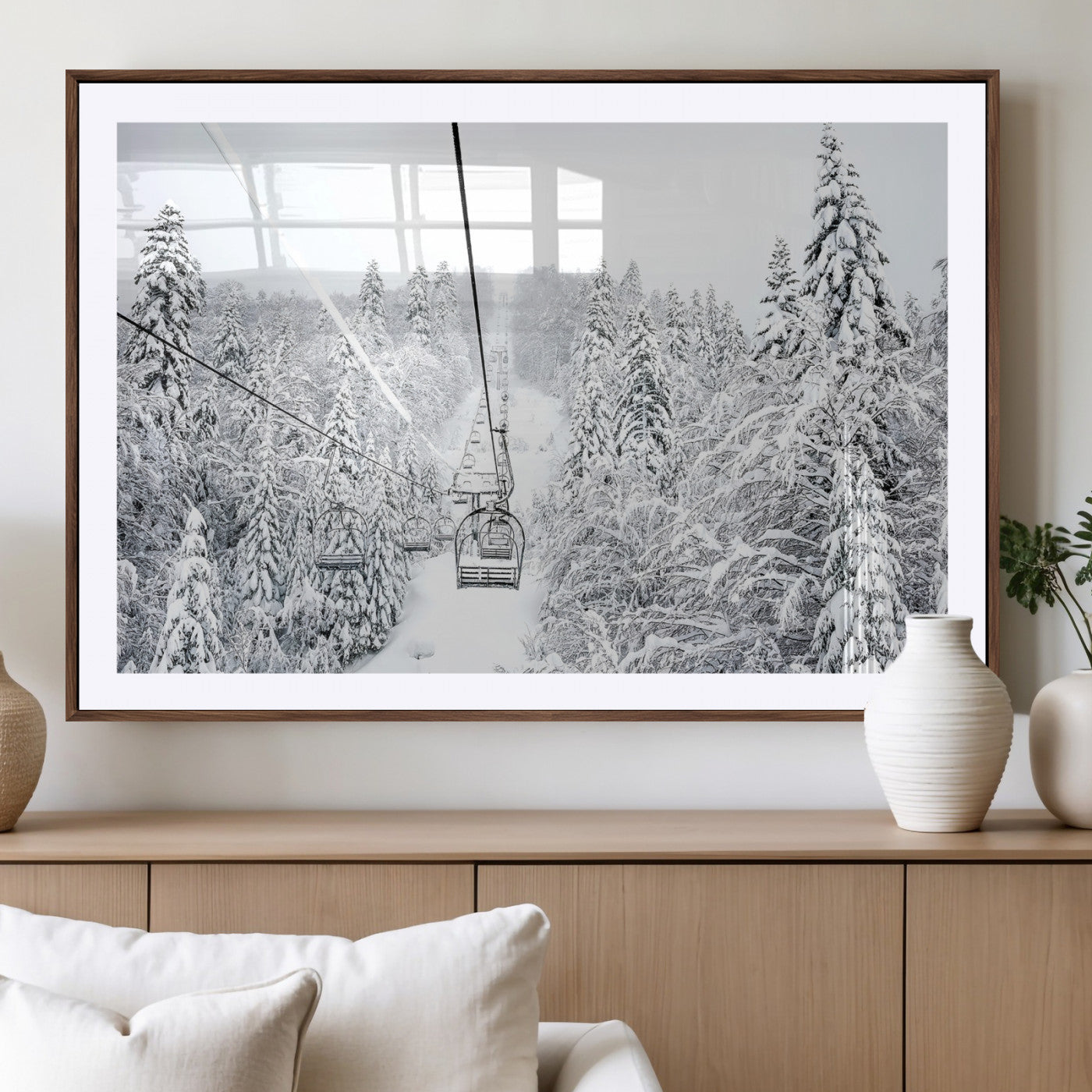 60296839-MGV-CV-36X24-Snowy Mountains Wall Art – Framed Ski Lift Canvas Artwork, Peaceful Winter Design, Rustic Forest Decor for Home, Office