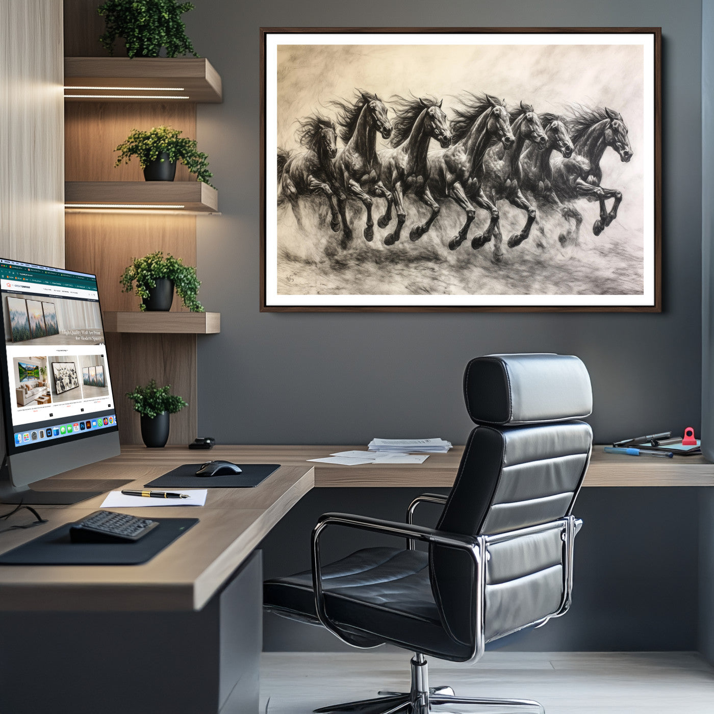 -Galloping Horses Wall Art Canvas Print, Framed Wild Stallions Art Picture Print, Horse Herd Sketch