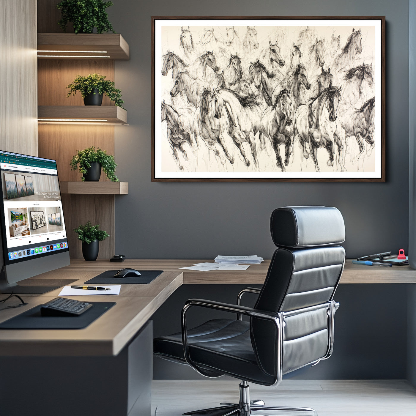 19433417-MGV-CV-36X24-Running Horses Wall Art Canvas Print – Framed Galloping Herd Dynamic Equestrian Sketch Nature Artwork for Home Office