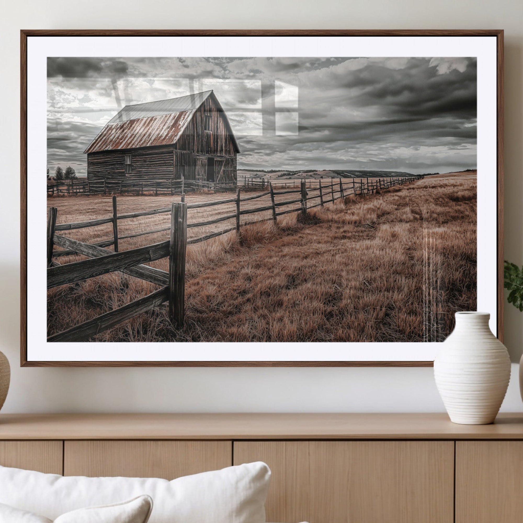-Rustic Barn Wall Art Canvas Print – Framed Moody Field Scene with Weathered Fence Artwork for Home, Office, Living Room