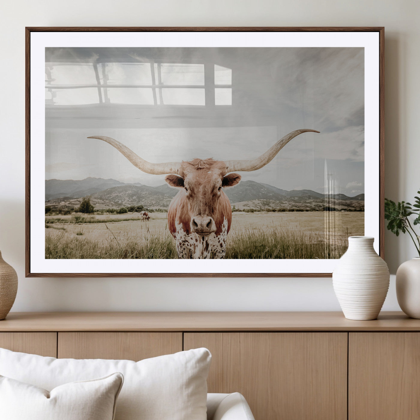 80054319-MGV-CV-36X24-Texas Longhorn Wall Art Canvas Print – Framed Western Cow Scene with Rustic Farmhouse Artwork for Home, Office