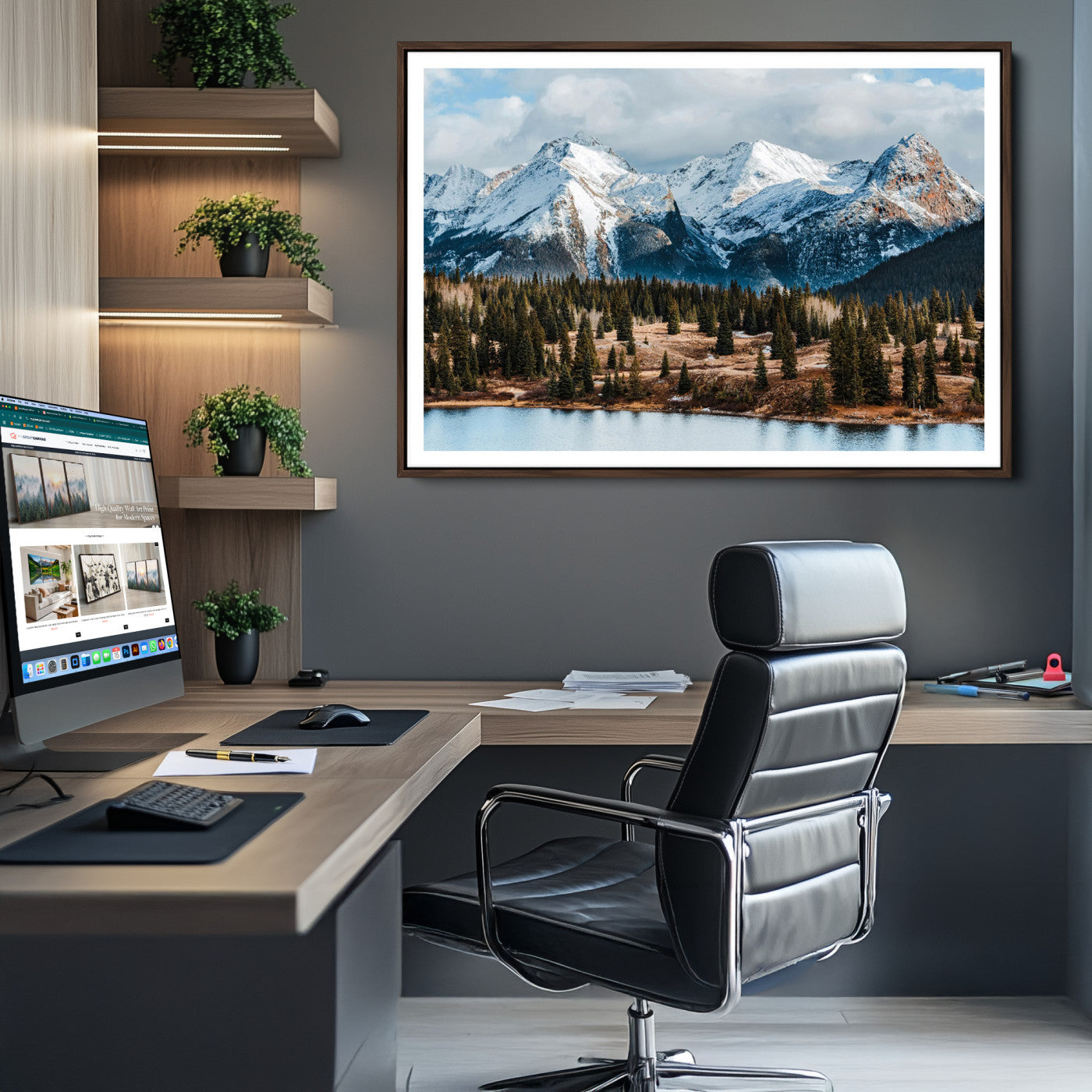 -Snowy Peaks Wall Art Canvas Print, Framed Alpine Lake Art Picture Print, Pine Forest Perfect Alpine
