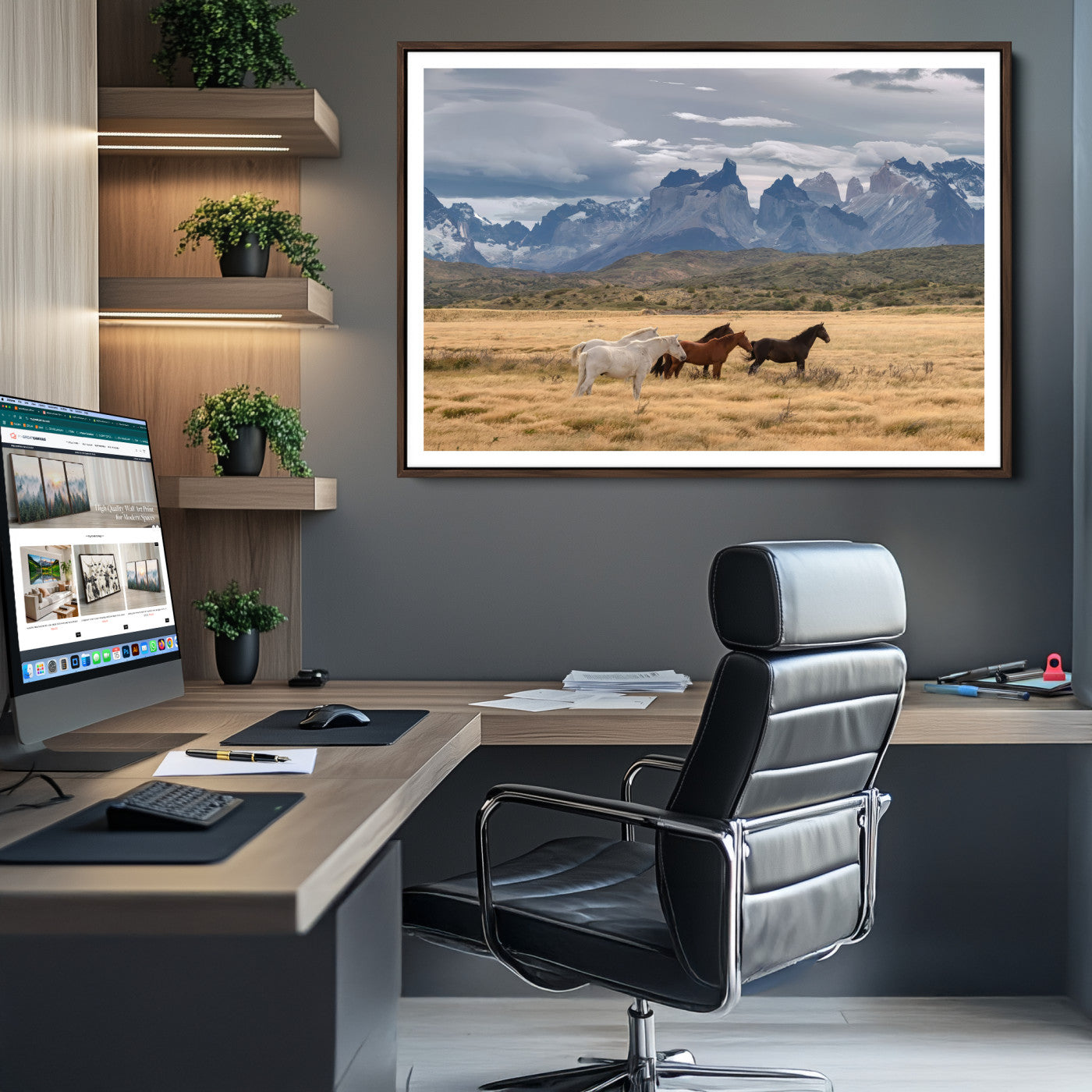 69960232-MGV-CV-36X24-Horses Grazing Wall Art Canvas Print – Framed Mountain Field Scenic Landscape Cloudy Sky Nature Artwork for Home Office