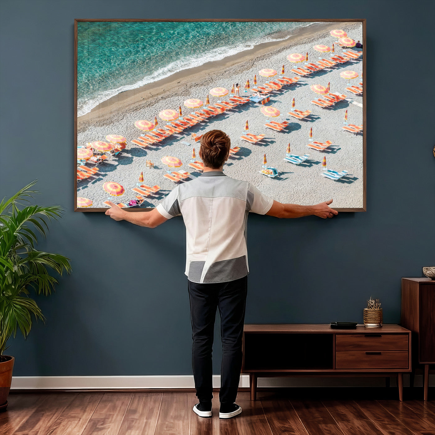 27805351-MGV-CV-36X24 - Beach Umbrellas Wall Art – Orange Loungers & Turquoise Water Canvas Print, Sandy Shore and Summer Vibes