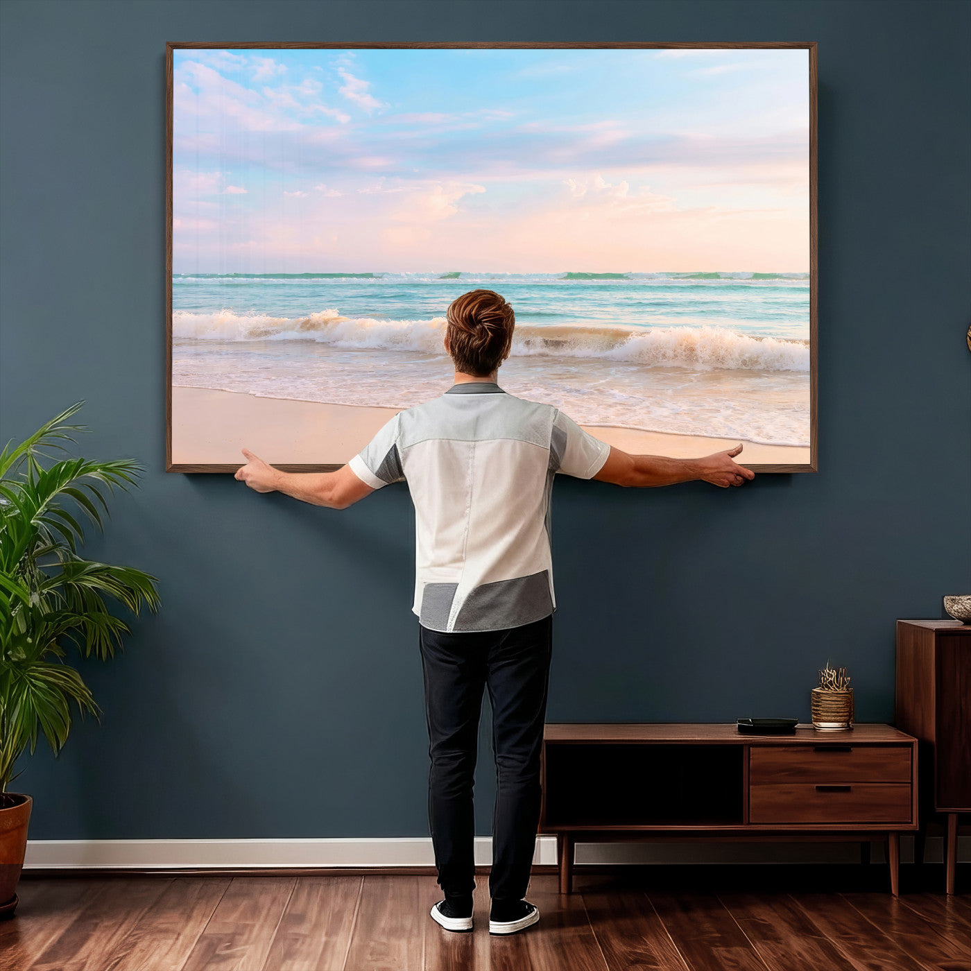 74679437-MGV-CV-36X24 - Serene Waves Wall Art – Golden Shore & Soft Pastel Sky Canvas Print, Gentle Ocean and Peaceful Sunset for Living Room or Office