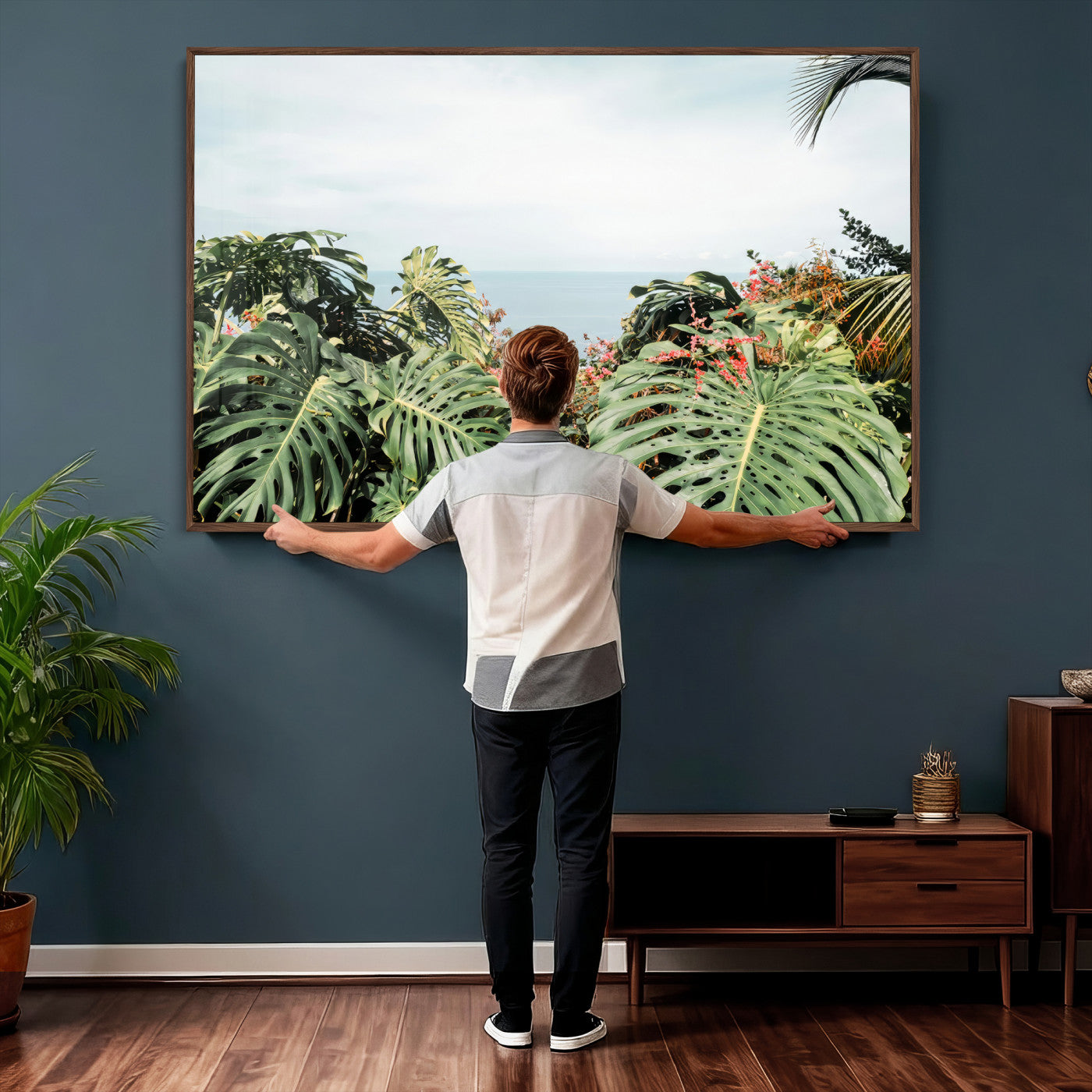 45700479-MGV-CV-36X24 - Tropical Greenery Wall Art – Exotic Leaves & Ocean View Canvas Print, Sunlit Paradise and Vibrant Nature for Living Room or Coastal Decor