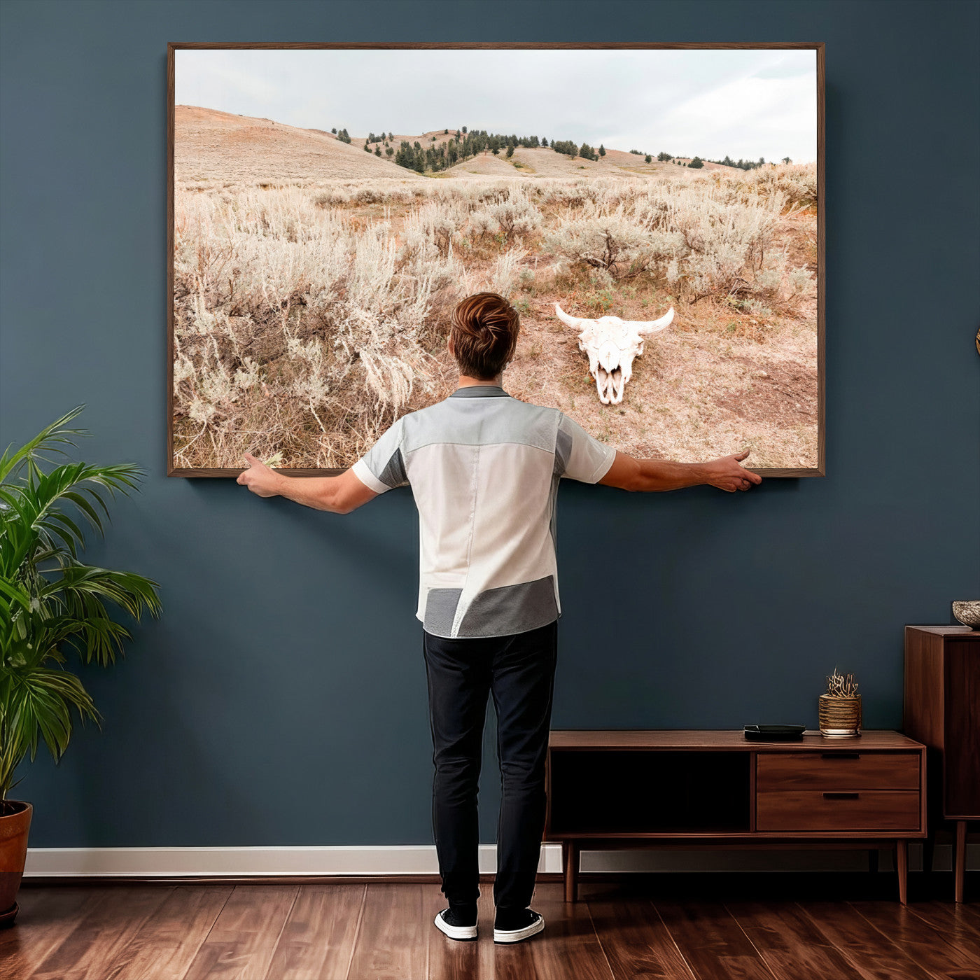 97234735-MGV-CV-36X24 - Desert Skull Wall Art – Arid Landscape & Sagebrush Canvas Print, Rustic Nature and Earth Tones for Living Room or Minimalist Decor