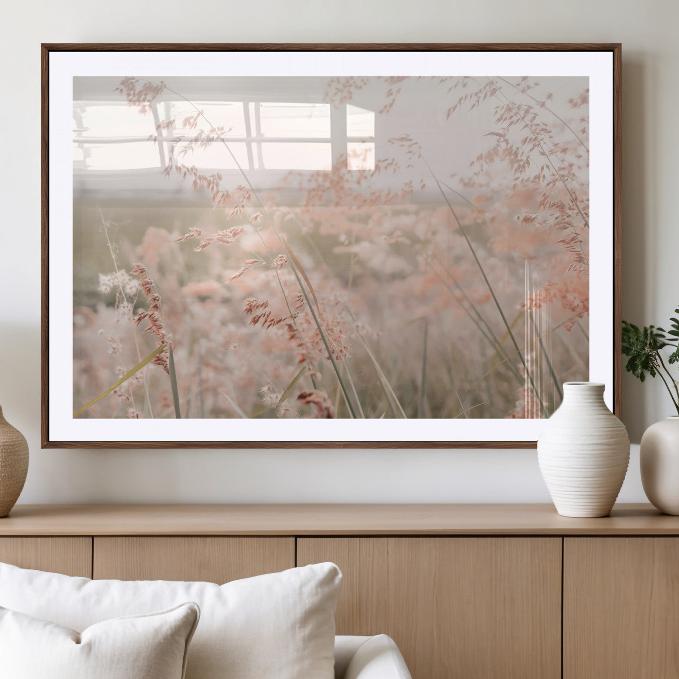 -Pastel Grasses Wall Art Canvas Print, Framed Soft Meadow Art Picture Print, Field in Breeze Perfect Soft Pastel Minimal Decor Artwork