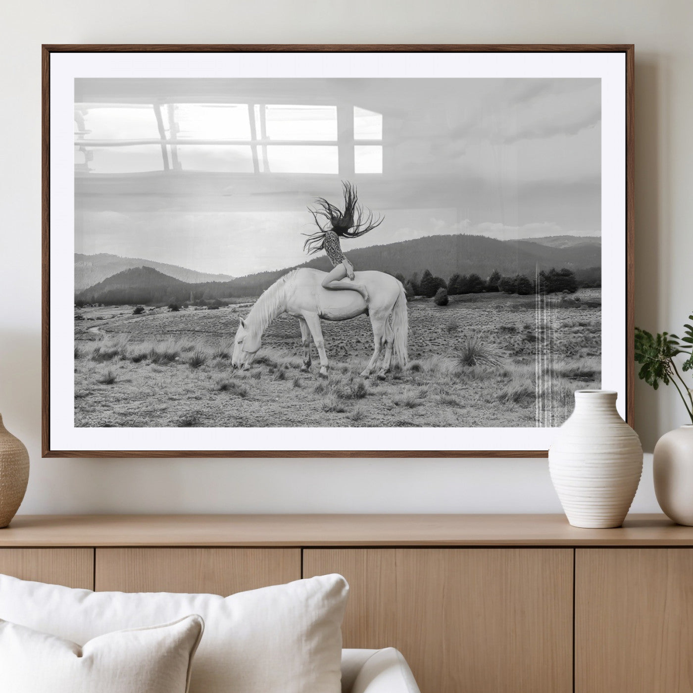 62789800-MGV-CV-36X24-White Horse Wall Art Canvas Print – Framed Woman Rider Equestrian Pose Western Boho Elegant Artwork for Home Office