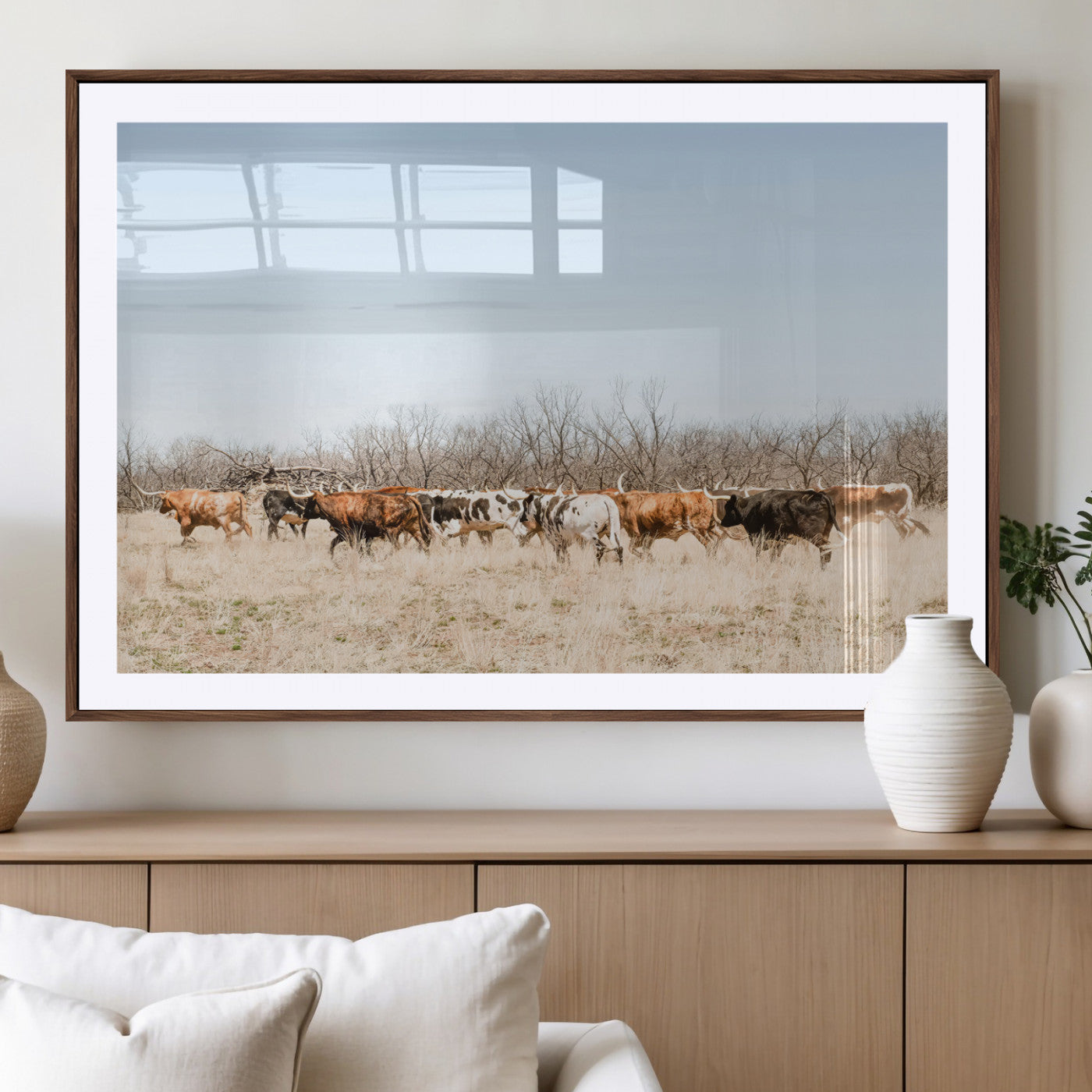 16563092-MGV-CV-36X24-Texas Longhorns Wall Art Canvas Print – Framed Western Cattle Rustic Herd Farmhouse Country Animal Artwork for Home Office