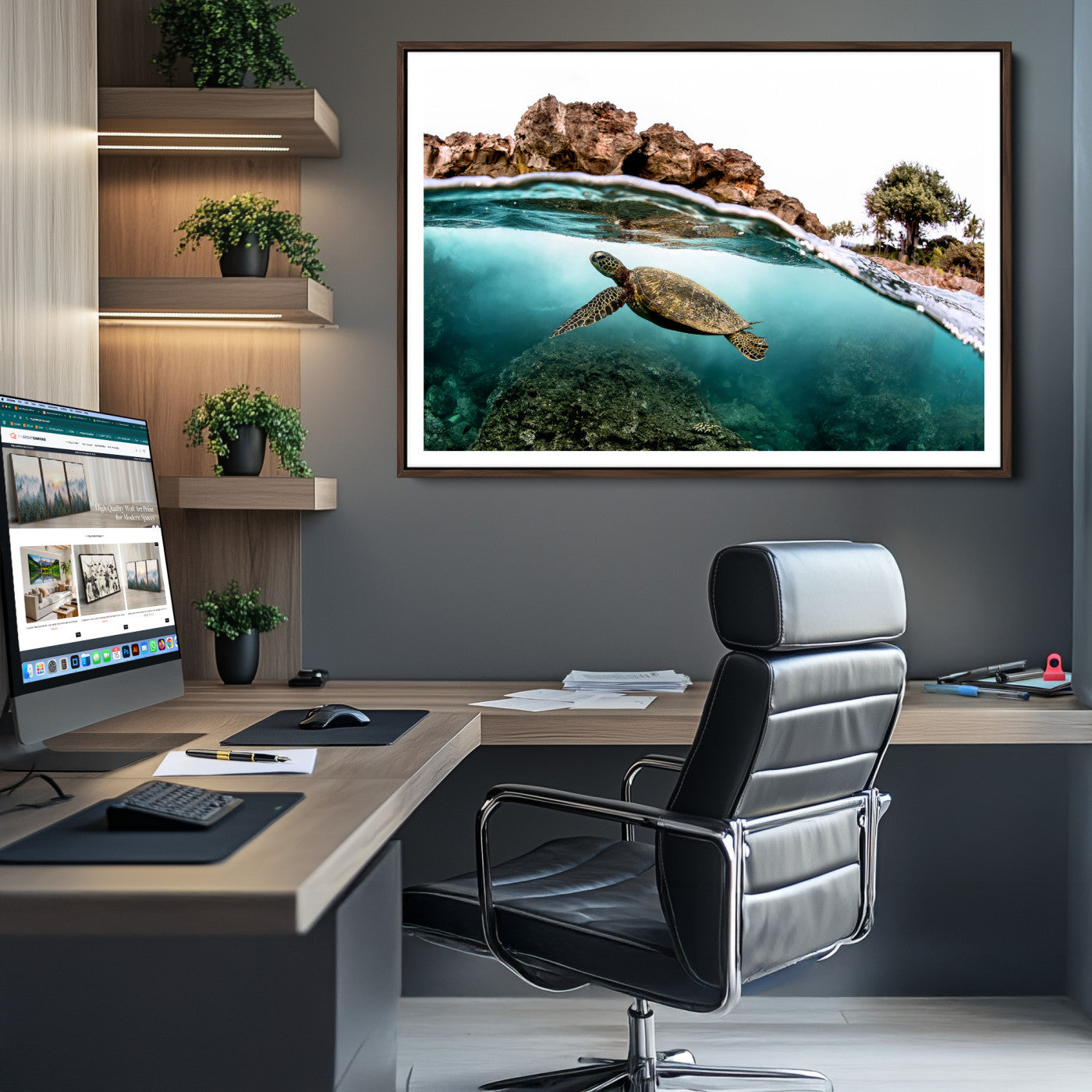 -Sea Turtle Wall Art Canvas Print, Framed Ocean Life Art Picture Print, Tropical Perfect Coastal