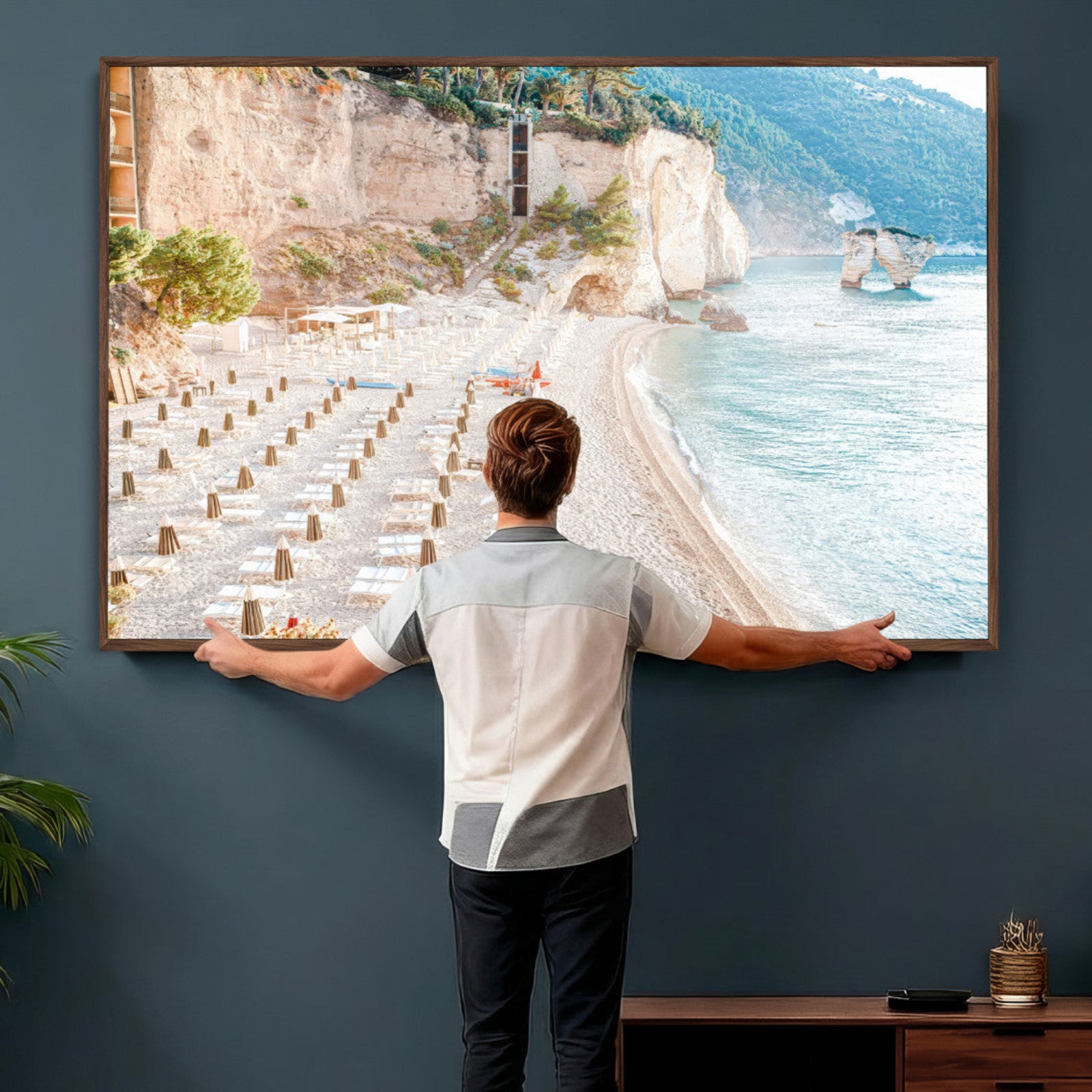 84816639-MGV-CV-36X24 - Sunny Beach Wall Art – Chairs & Umbrellas Canvas Print, Clear Water, Rocky Cliffs, Coastal Calm for Living Room or Vacation Home Decor