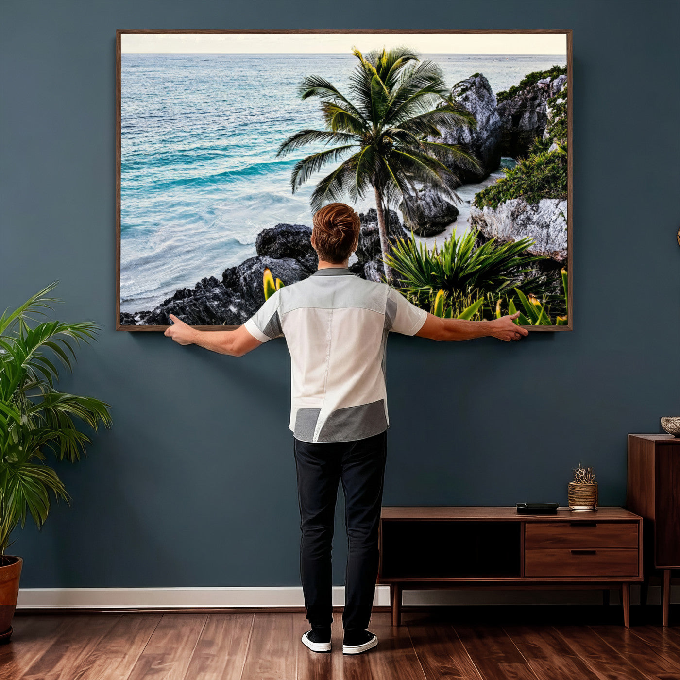 94669907-MGV-CV-36X24 - Tropical Palm Wall Art – Coastal Rocks Canvas Print, Ocean Breeze, Sandy Shore, Vibrant Green Foliage for Living Room or Beach House Decor