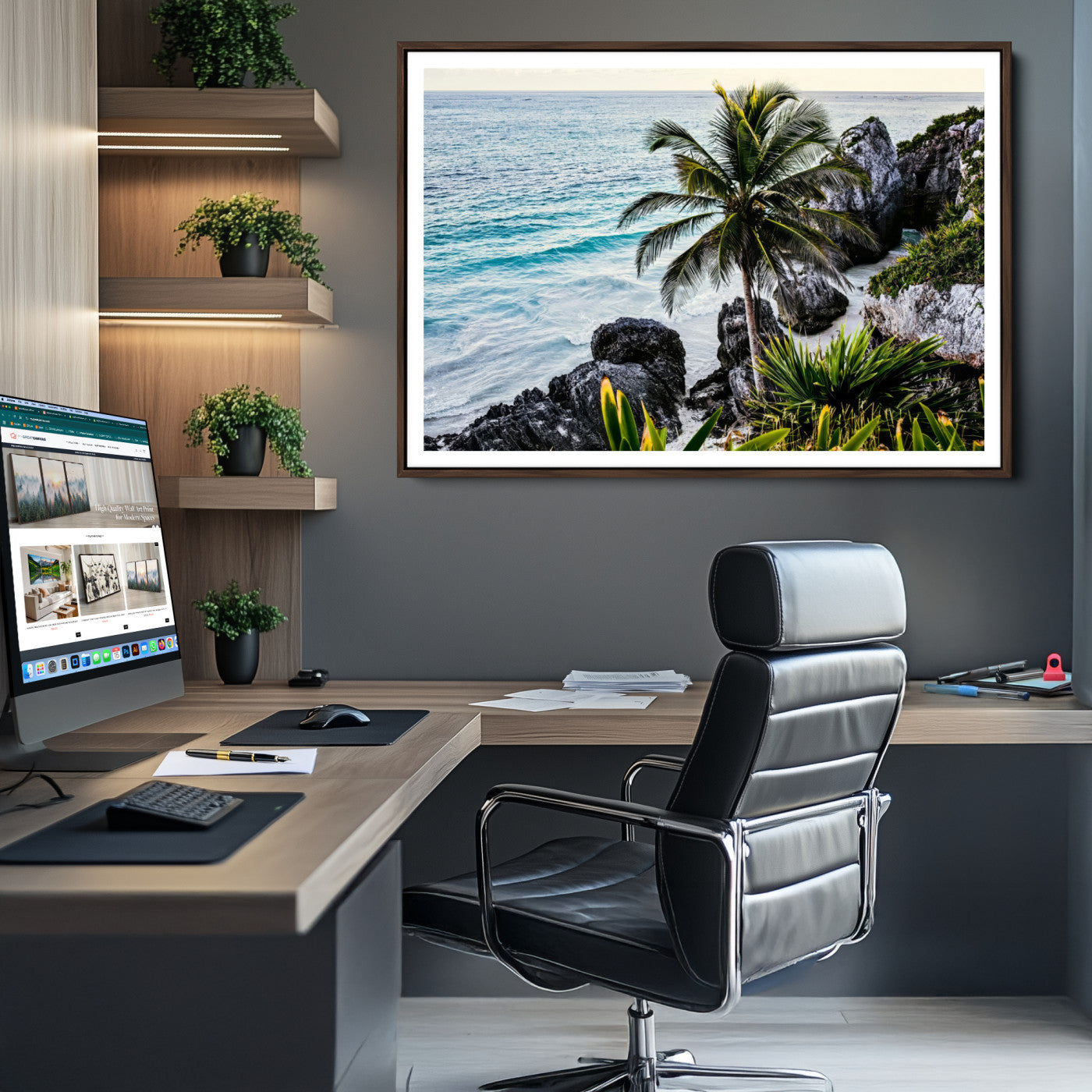 94669907-MGV-CV-36X24-Tropical Coastline Wall Art Canvas Print – Framed Palm Tree and Rocky Beach Scene Artwork for Home, Office Decor