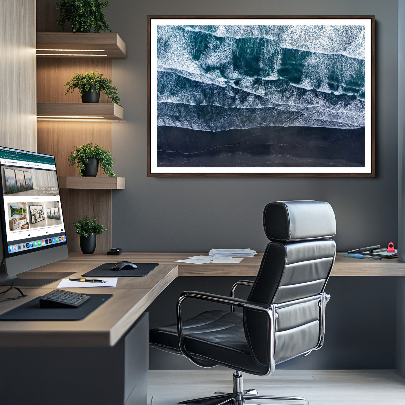 87941475-MGV-CV-36X24-Black Beach Wall Art Canvas Print – Framed Aerial Ocean View Moody Coastal Seascape Nature Artwork for Home Office