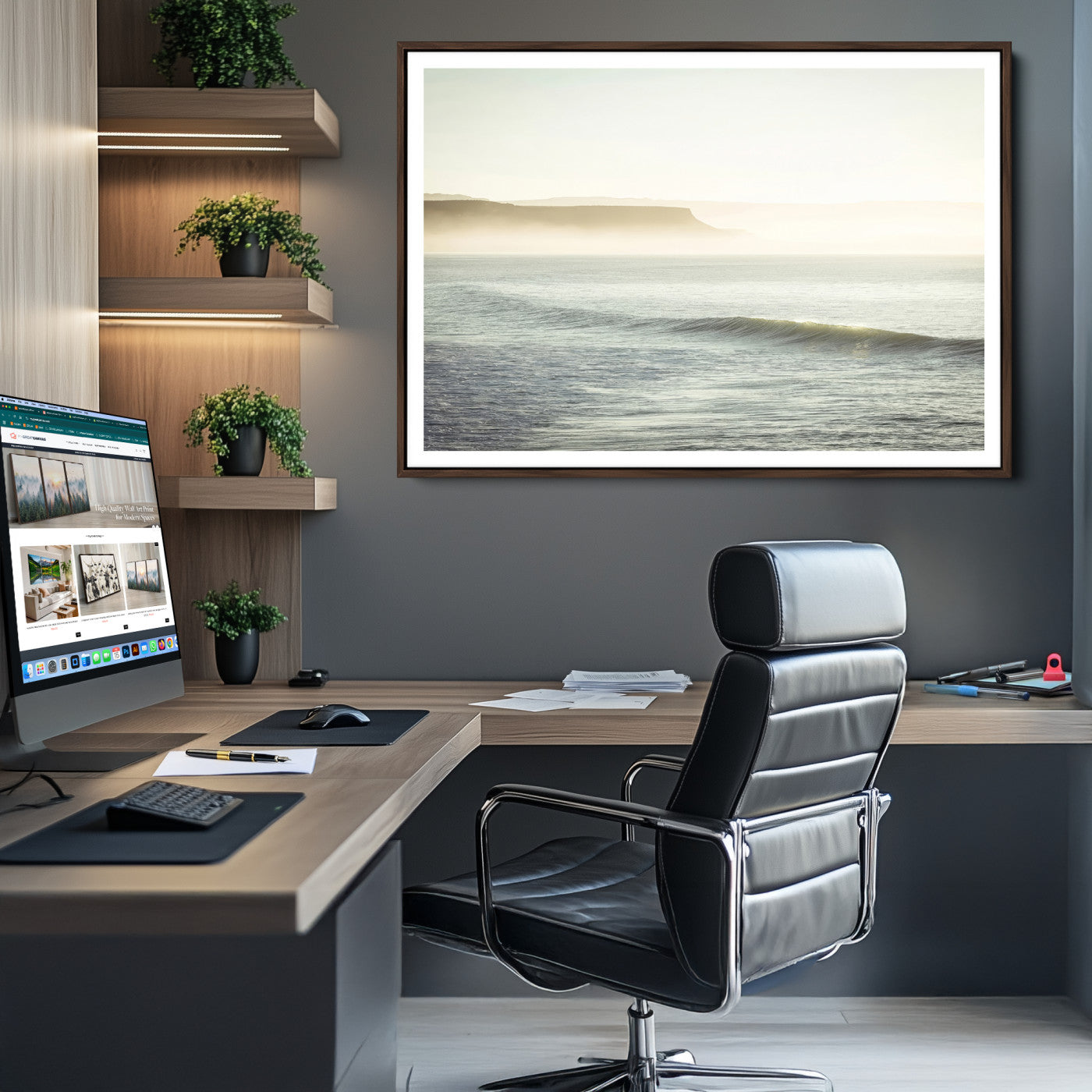 -Coastal Cliffs Wall Art Canvas Print, Framed Misty Ocean Art Picture Print, Soft Morning Perfect