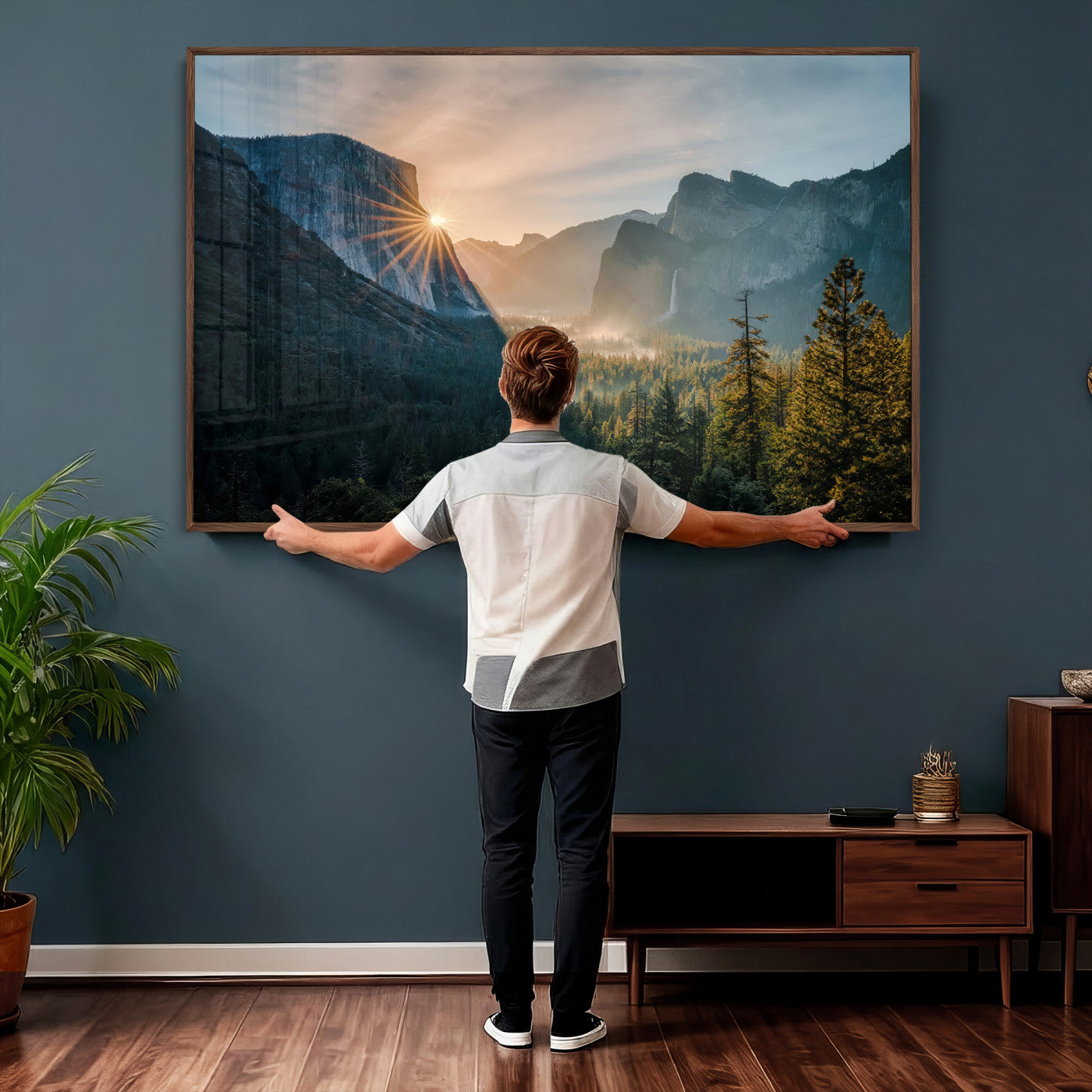 51605481-MGV-CV-36X24 - Yosemite Valley Wall Art – Misty Forest Peaks Canvas Print, Radiant Light, Tranquil Nature Landscape for Living Room or Cabin Decor