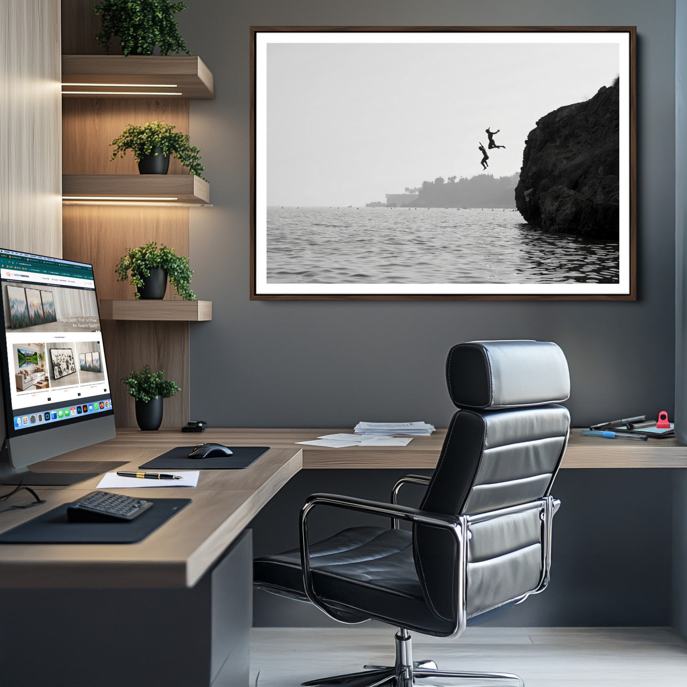 52284302-MGV-CV-36X24-Jumping Wall Art Canvas Print – Framed Coastal Ocean Scene Artwork for Relaxing Beach Home, Office Decor