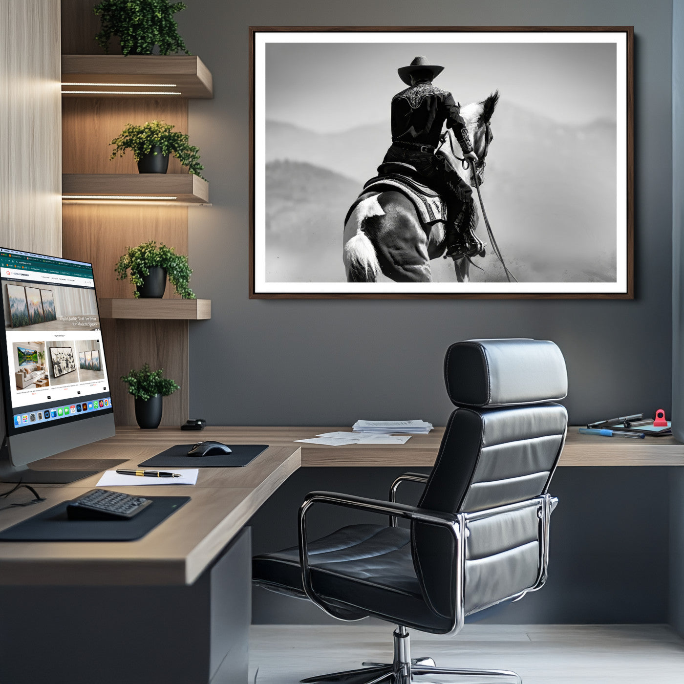 83102464-MGV-CV-36X24-Western Wall Art Canvas Print – Framed Cowboy and Horse Scene Artwork for Rustic Western Home, Office Decor