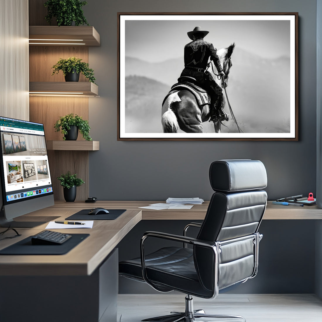 Western Wall Art Canvas Print, Framed Cowboy and Horse Rustic Ranch Art