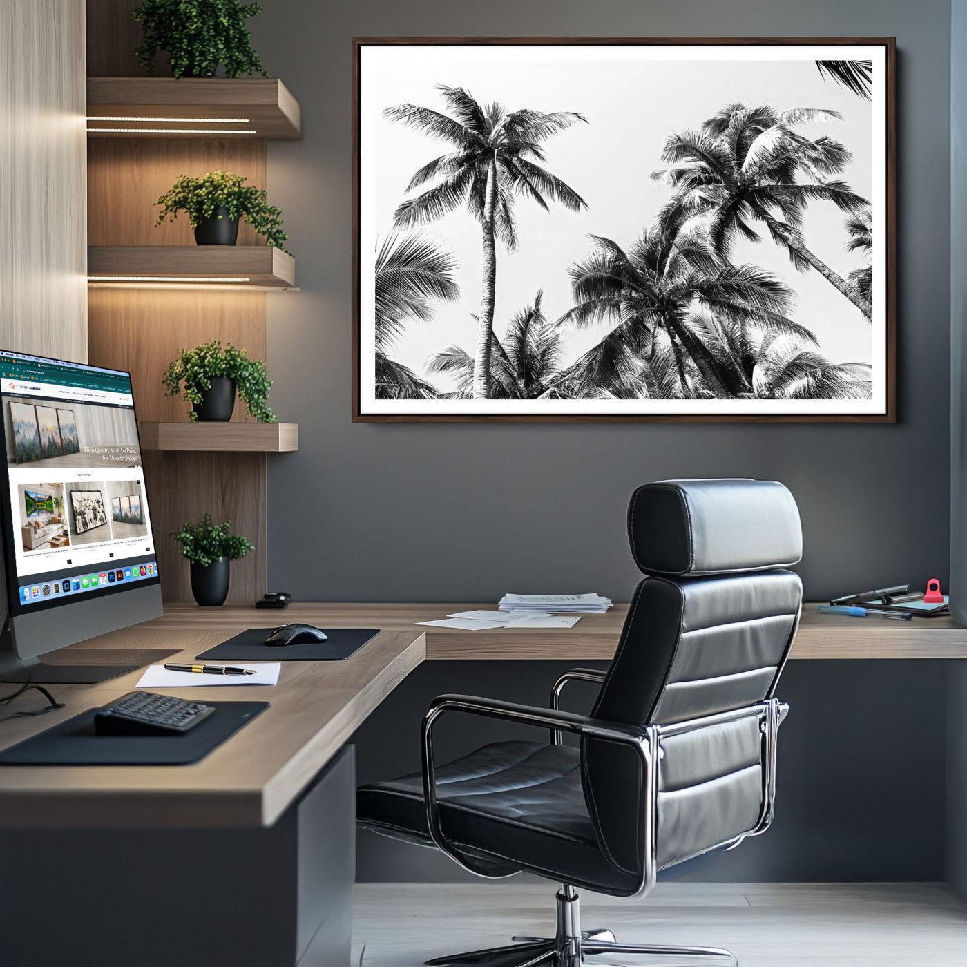 -Palm Wall Art Canvas Print, Framed Tropics Art Picture Print, Monochrome Perfect Minimalist Decor