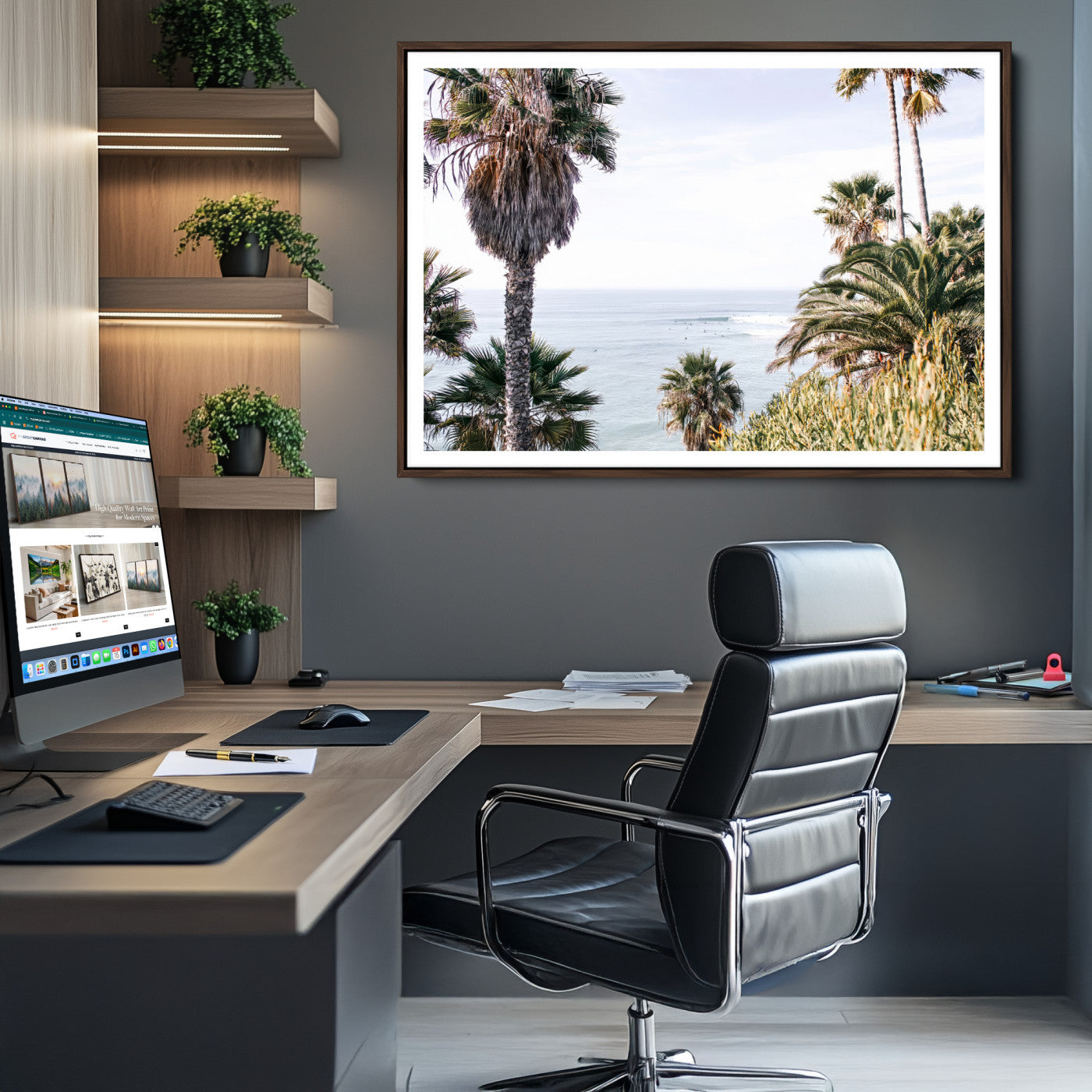 51404565-MGV-CV-36X24-Coastal Palm Trees Wall Art Canvas Print – Framed Ocean Breeze Tropical Scene Artwork for Relaxing Home, Office Decor