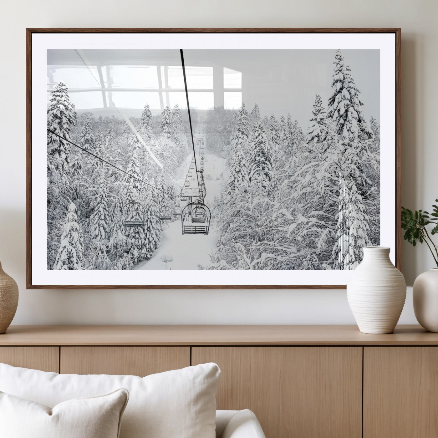 44705668-MGV-CV-36X24-Snowy Ski Lift Wall Art – Framed Winter Mountain Canvas Artwork, Serene Forest Design, Modern Nature Decor for Home, Office