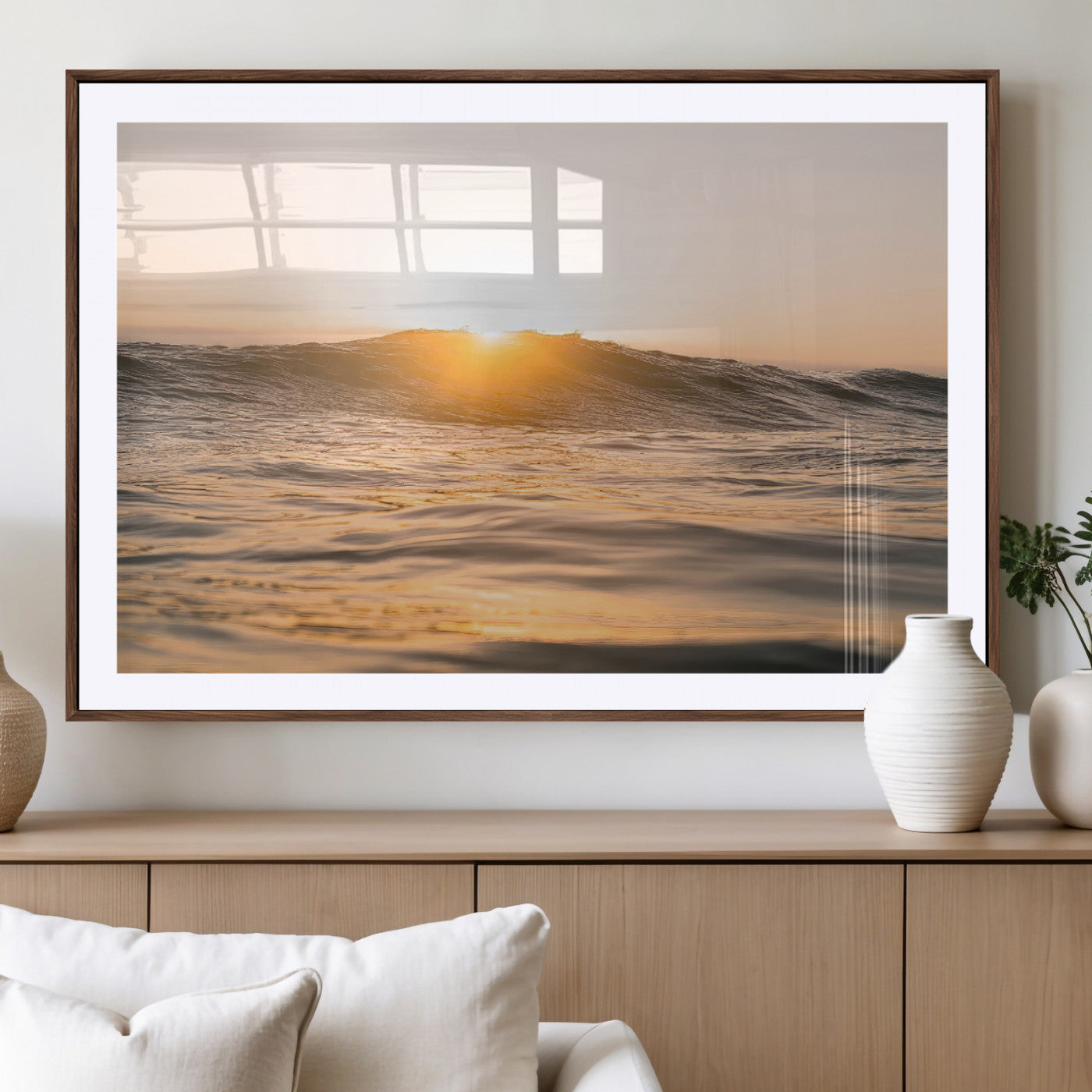16973771-MGV-CV-36X24-Calm Water Wall Art – Framed Sunset Waves Canvas Artwork, Coastal Warm Design, Minimal Ocean Decor for Home, Office
