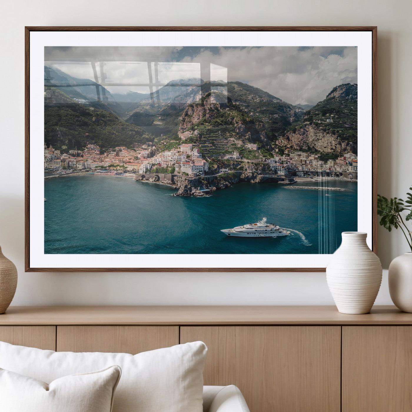 20321590-MGV-CV-36X24-Amalfi Coast Wall Art – Framed Italian Seaside Canvas Artwork, Mediterranean Landscape Design, Coastal Decor for Home, Office