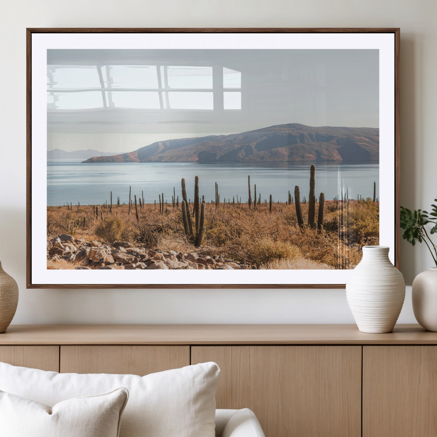 45193515-MGV-CV-36X24-Desert Lake Wall Art – Framed Cactus Mountain Canvas Artwork, Earthy Southwest Design, Rustic Nature Decor for Home, Office