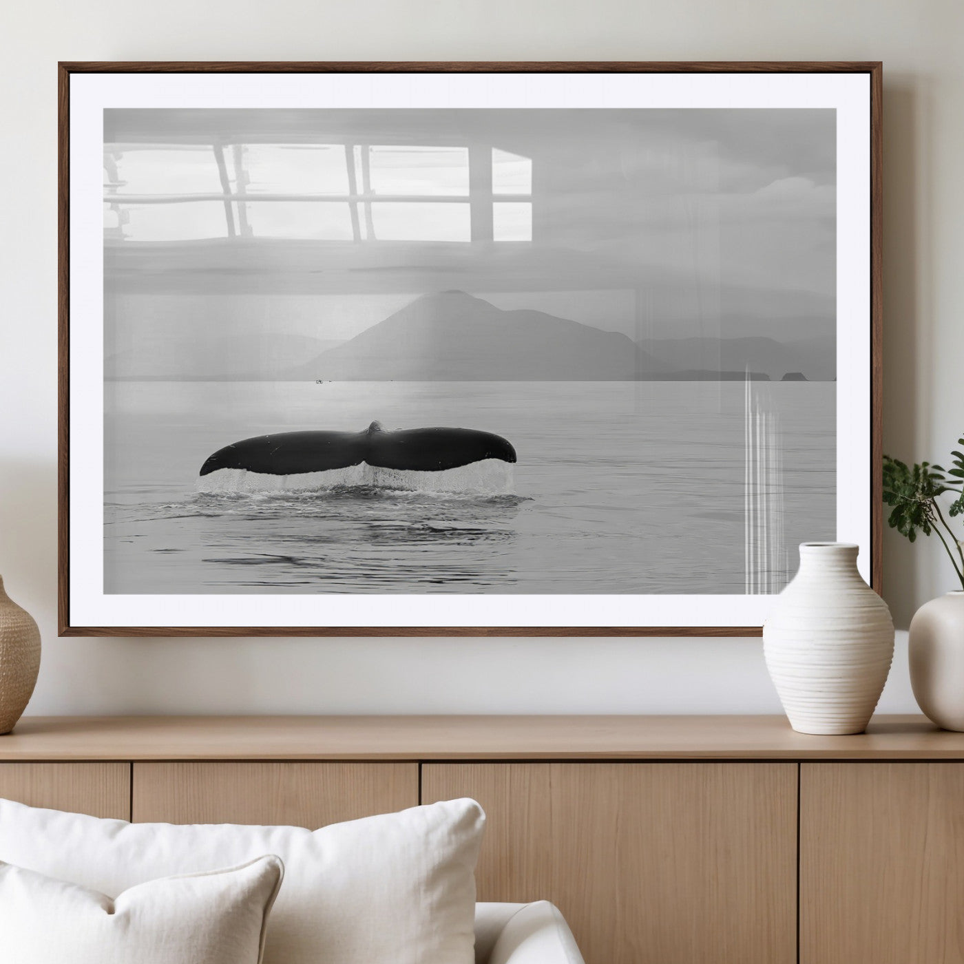 MGC-FP-36x24 - Whale Tail Wall Art Canvas Print, Framed Black White Ocean Art Picture Print, Calm Marine Perfect Minimalist Coastal Decor Artwork