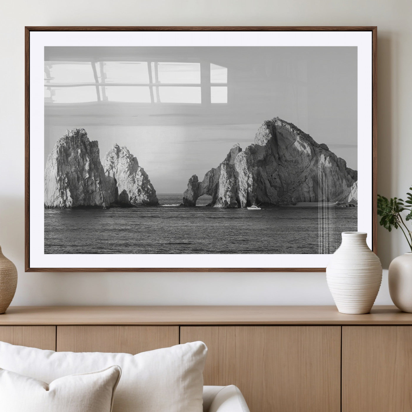 MGC-FP-36x24 - Rugged Coastline Wall Art Canvas Print, Framed Ocean Cliffs Art Picture Print, Monochrome Seascape Perfect Coastal Minimalist Decor Artwork