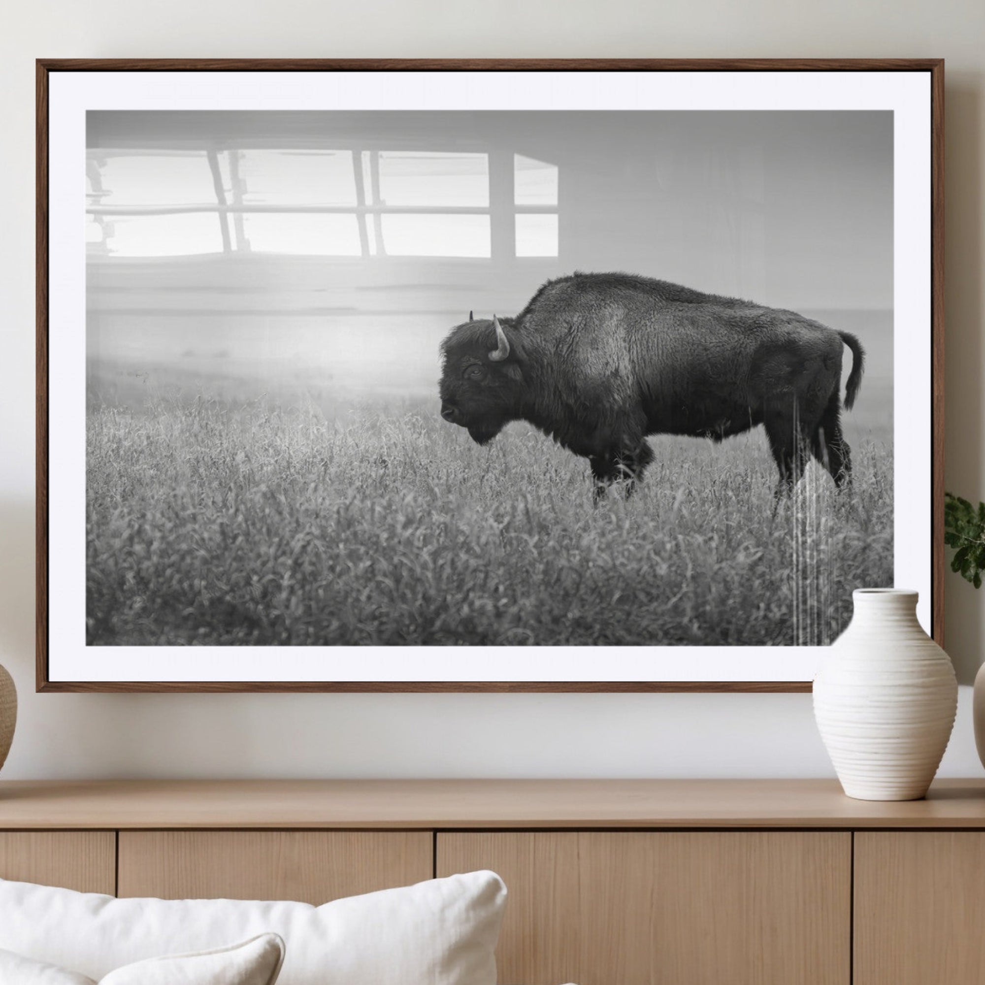 -Bison Wall Art Canvas Print – Framed Rustic Wildlife Scene with Wild Buffalo Artwork for Home, Office. Living Room