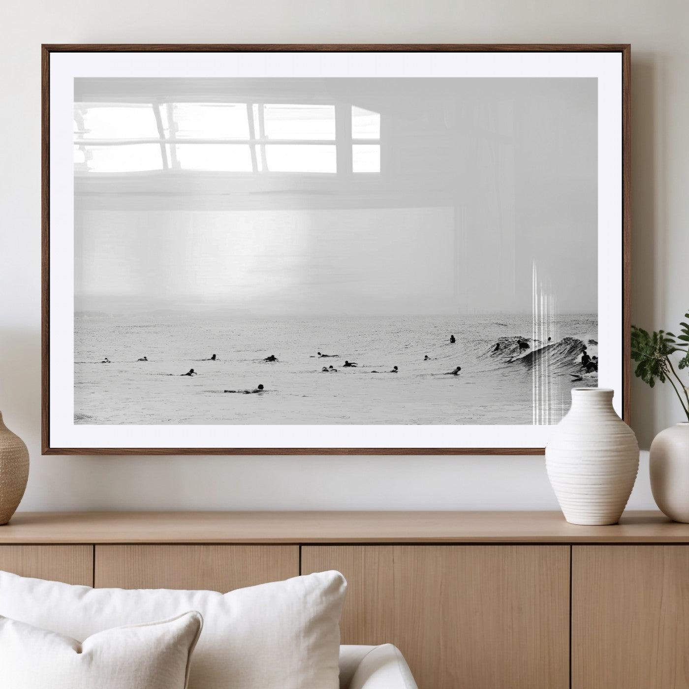 38441169-MGC-FP-40x30-Monochrome Swimming Wall Art Canvas Print – Framed Ocean Horizon Art Picture Moody Coastal Artwork for Home Office