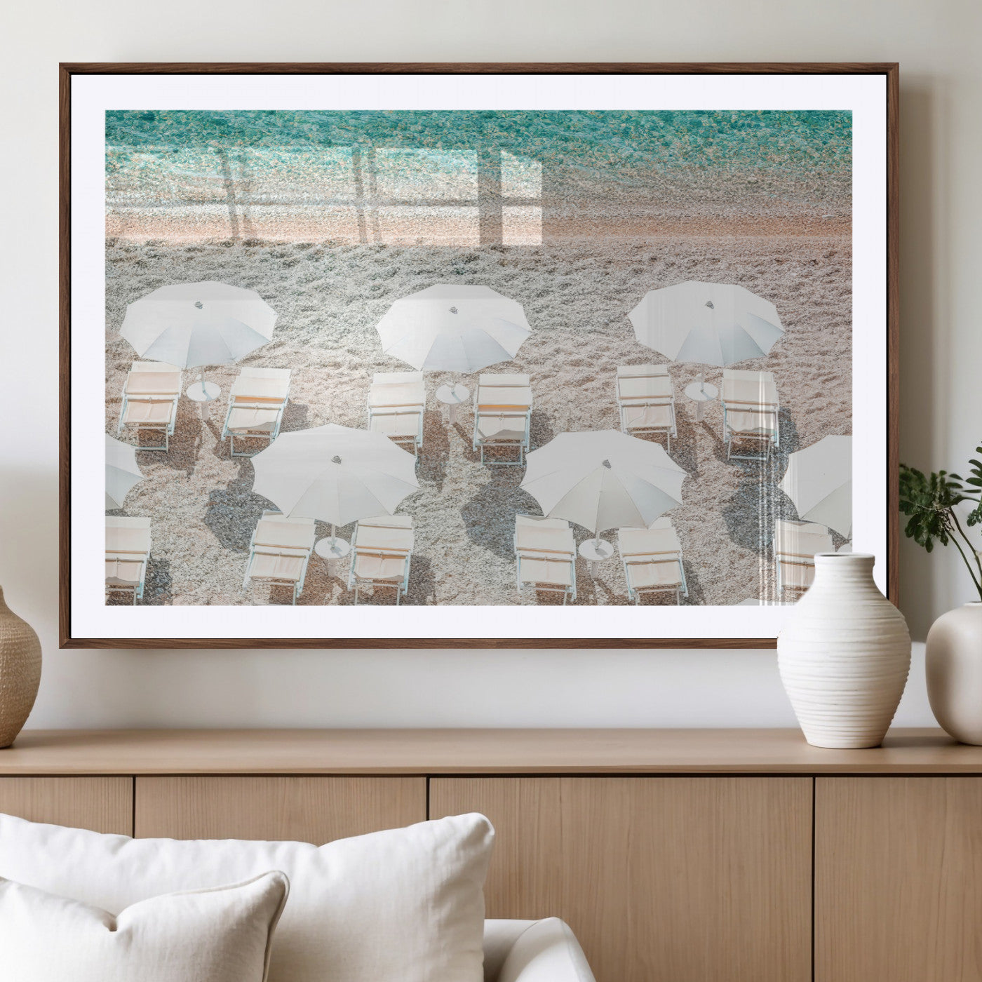 MGC-FP-36x24 - Calm Beach Wall Art Canvas Print, Framed Turquoise Water Art Picture Print, Umbrella Shoreline Perfect Coastal Minimalist Decor Artwork
