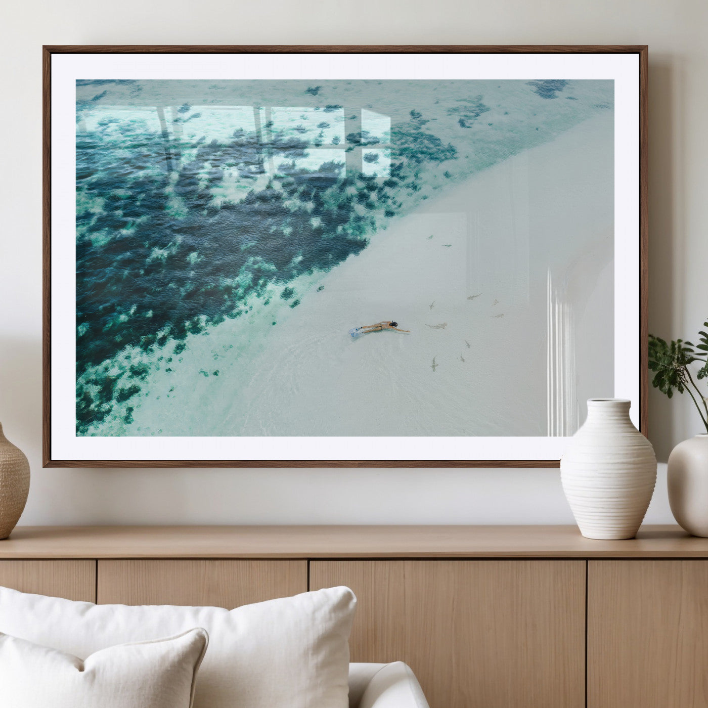 33764764-MGV-CV-36X24-Minimal Beach Wall Art – Framed Ocean Swimming Canvas Artwork, Clear Blue Sea Design, Modern Coastal Decor for Home, Office