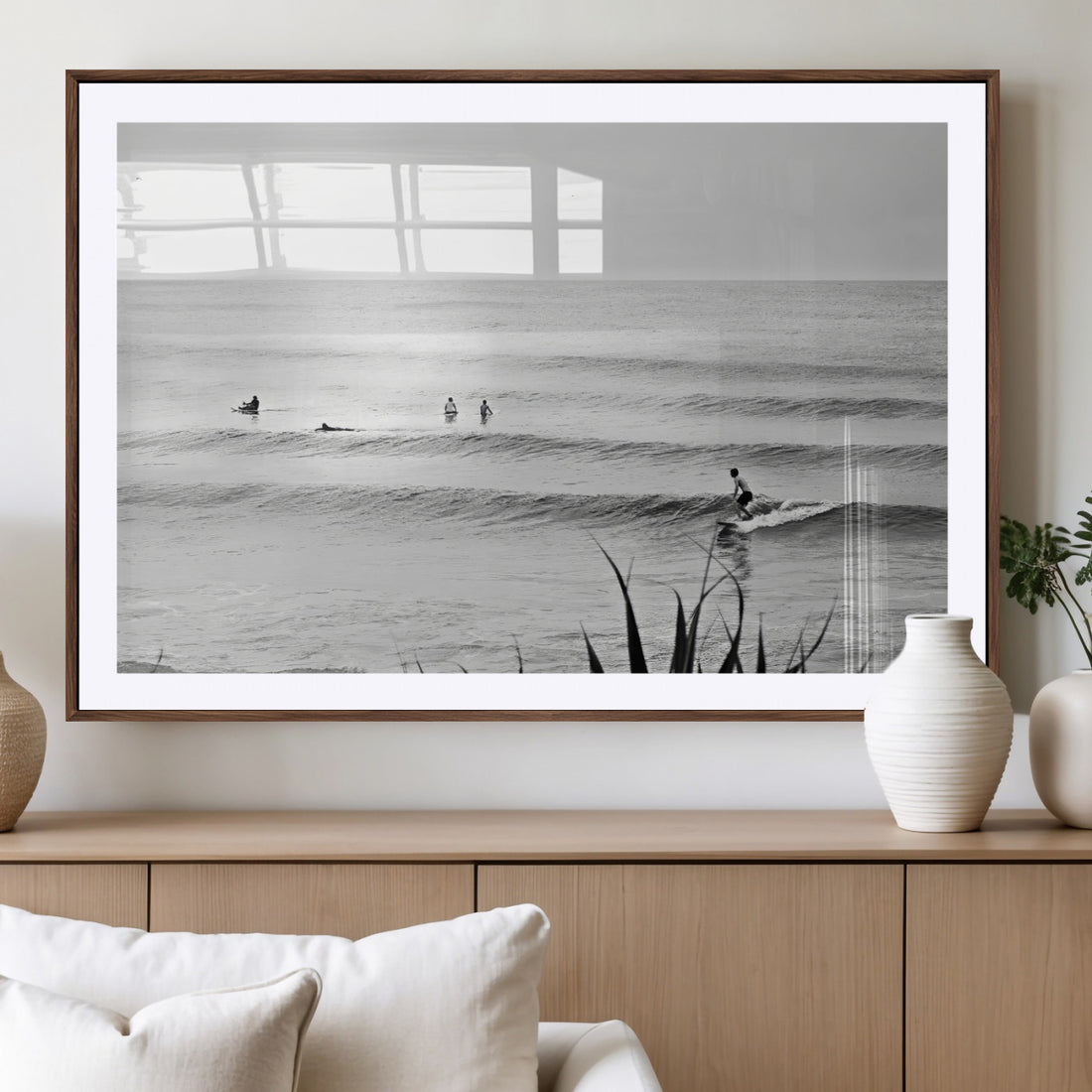 Surfer Silhouette Wall Art, Framed Calm Ocean Monochrome Surf Canvas Print