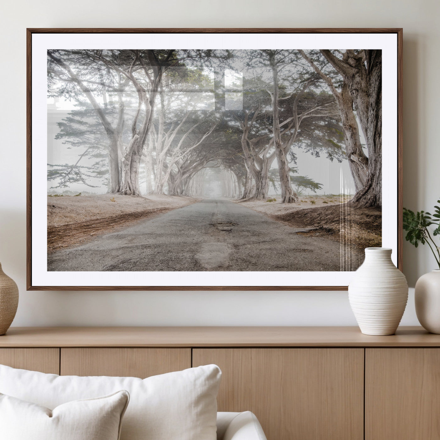 87090469-MGV-CV-36X24-Cypress Tunnel Wall Art – Framed Misty Road Canvas Artwork, Foggy Trees Design, Rustic Woodland Nature Decor for Home, Office