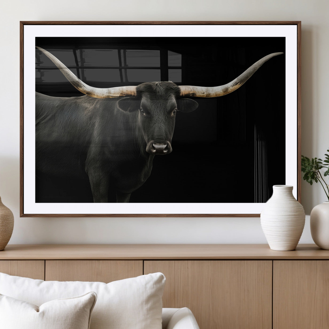 99448328-MGV-CV-36X24 - Longhorn Cattle Wall Art Canvas Print, Framed Texas Black Bull Art Picture Print, Western Cow Perfect Farmhouse Decor Artwork