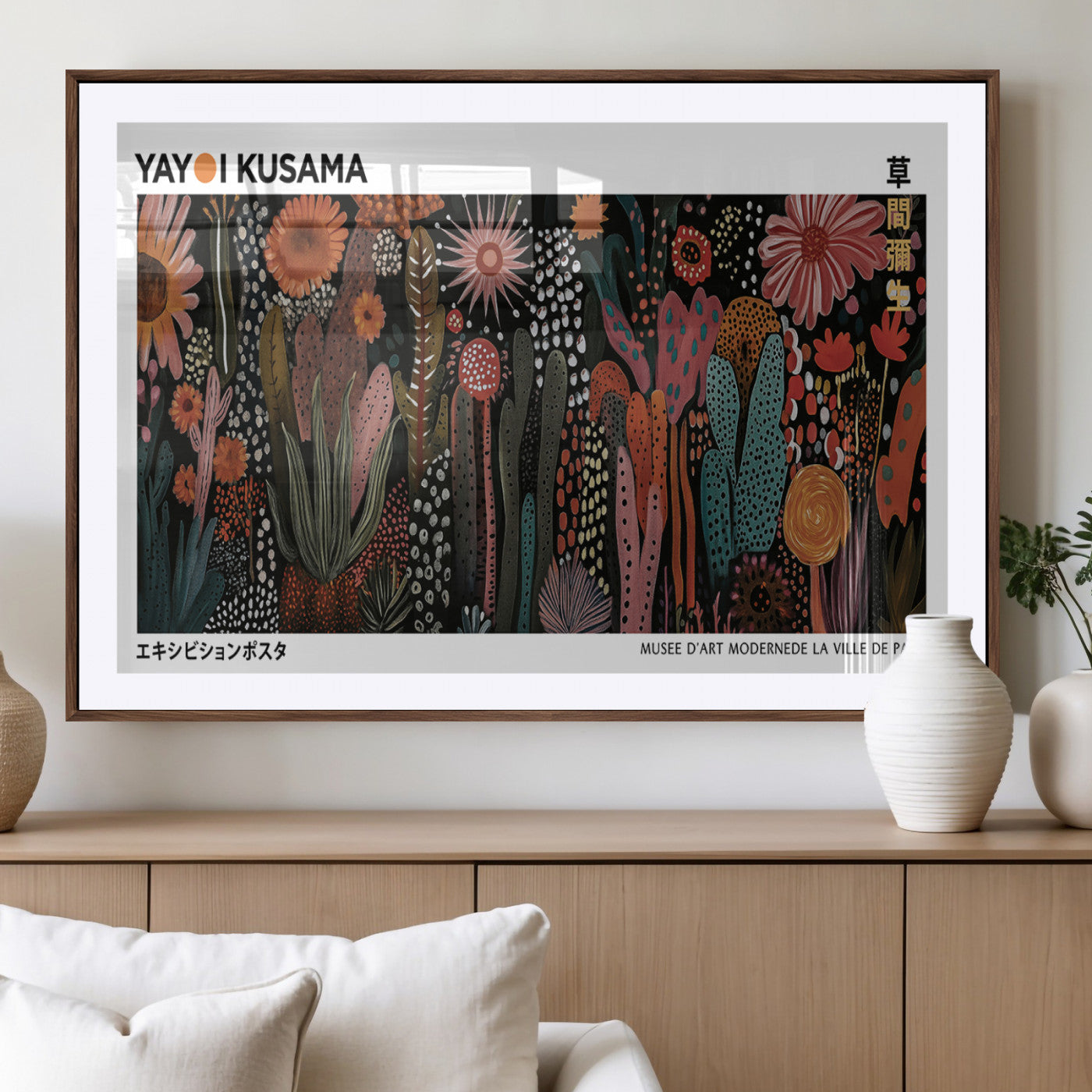 70632622-MGV-CV-36X24-Modern Japanese Wall Art Canvas Print – Framed Abstract Mount Fuji Scene with Yayoi Kusama Artwork for Home, Office