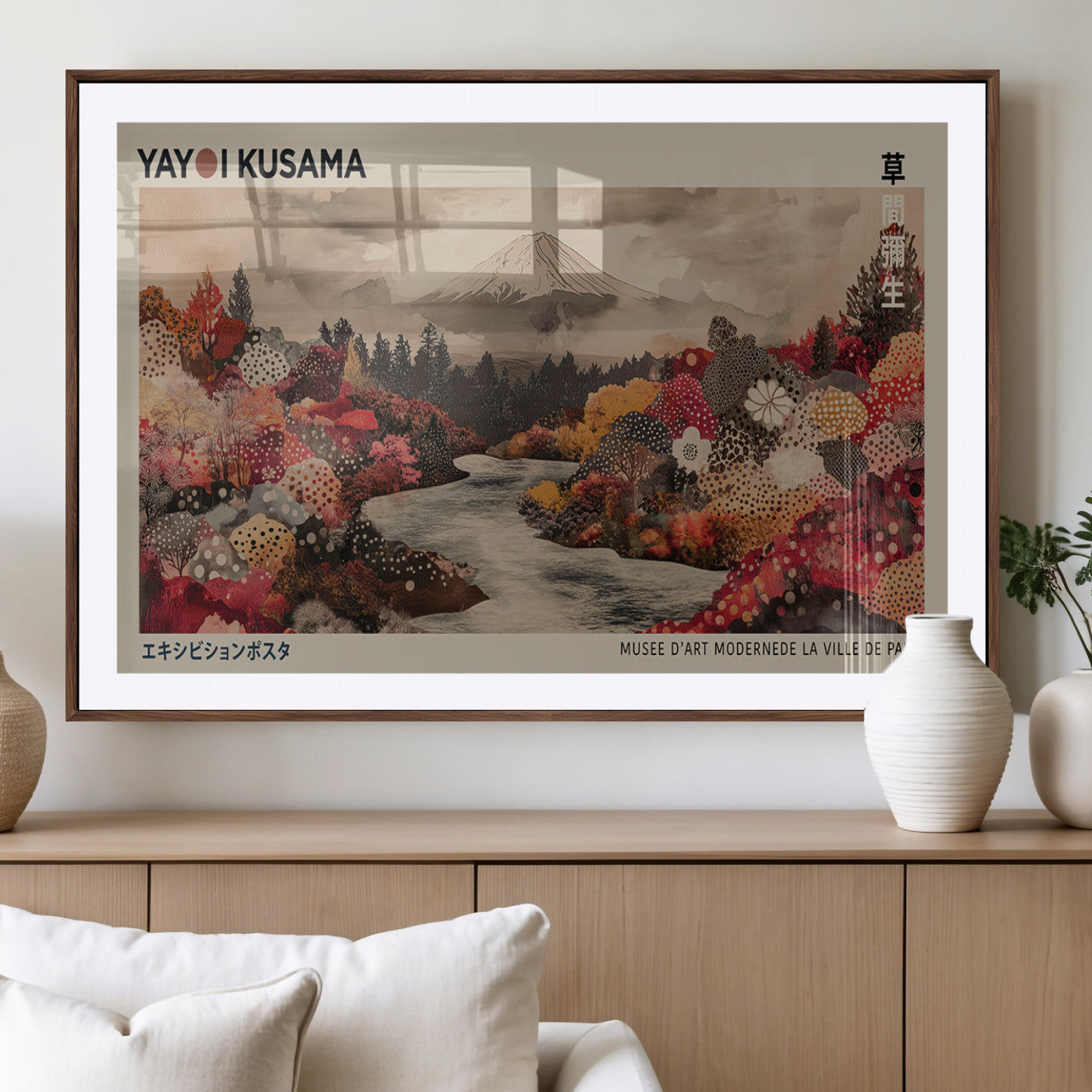 90660838-MGV-CV-36X24-Modern Japanese Wall Art Canvas Print – Framed Abstract Mount Fuji Scene with Yayoi Kusama Artwork for Home, Office